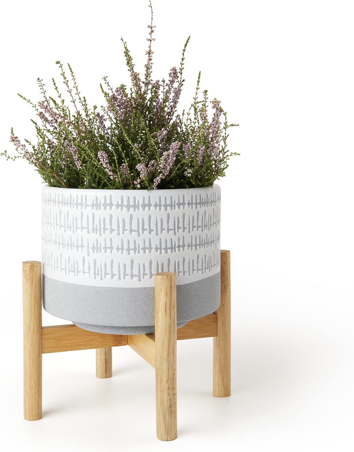 LA JOLIE MUSE Ceramic Plant Pot with Wood Stand - 7.3 Inch Modern Round Decorative Flower Pot Indoor with Wood Planter Holder, Beige and White - Image 6