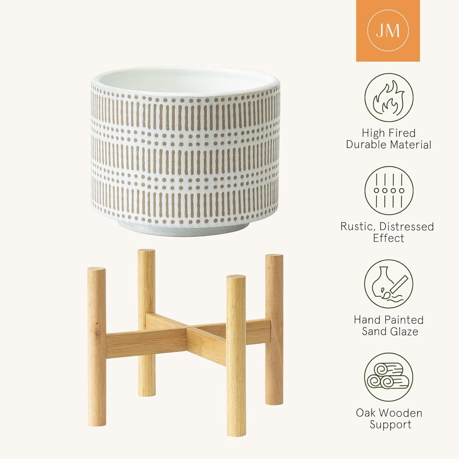 LA JOLIE MUSE Ceramic Plant Pot with Wood Stand - 7.3 Inch Modern Round Decorative Flower Pot Indoor with Wood Planter Holder, Beige and White - Image 5