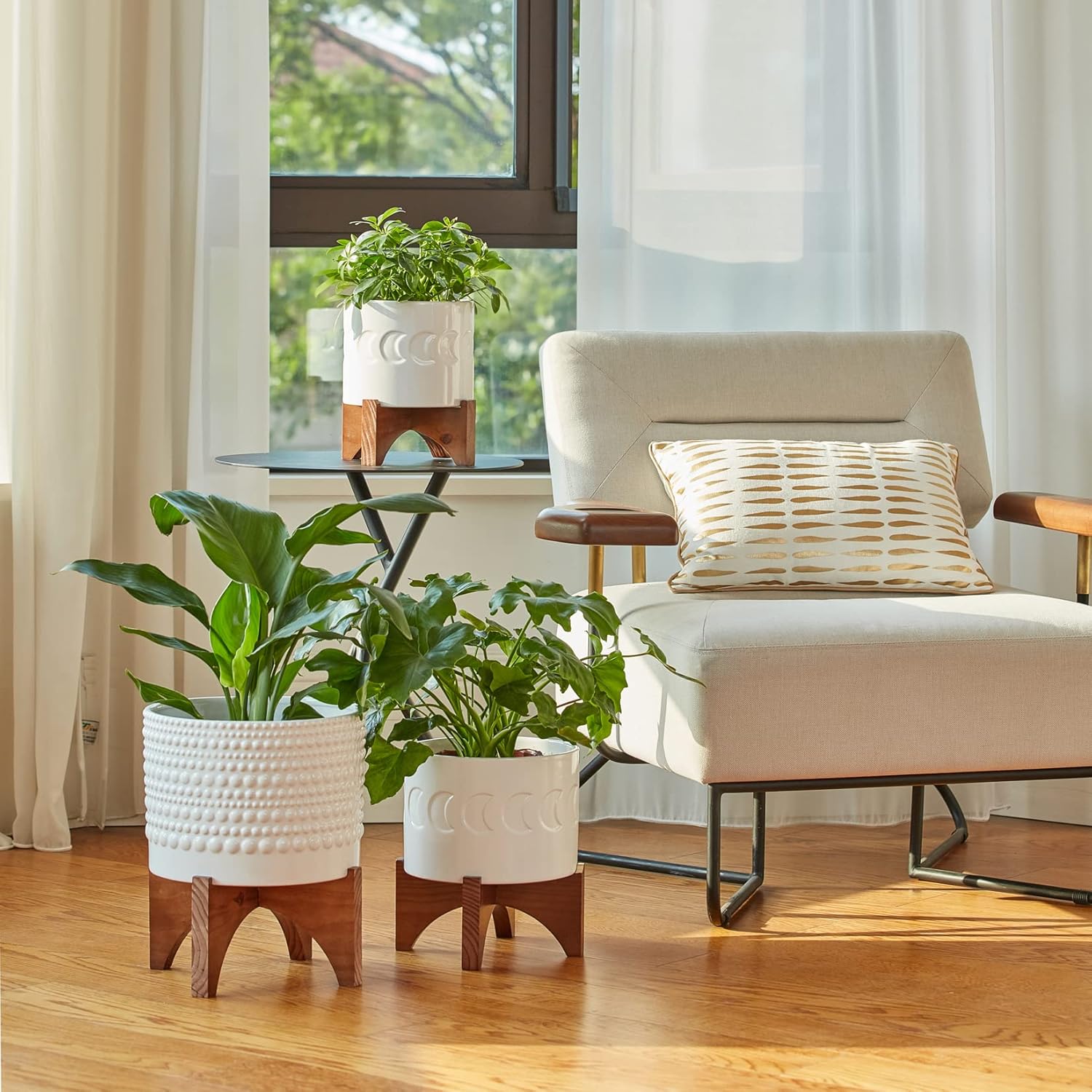 LA JOLIE MUSE Ceramic Planter with Wood Stand - 8 Inch White Cylinder Embossed Hobnail Patterned Flower Plant Pot Indoor - Image 4