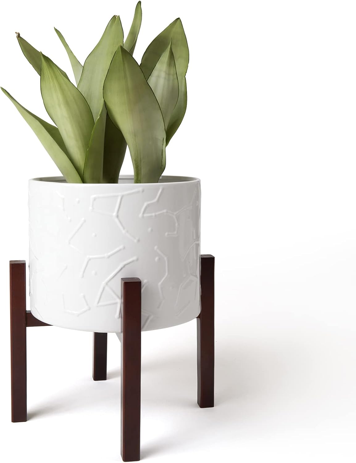 LA JOLIE MUSE Ceramic Planter with Wood Stand - 8 Inch White Cylinder Embossed Hobnail Patterned Flower Plant Pot Indoor - Image 11