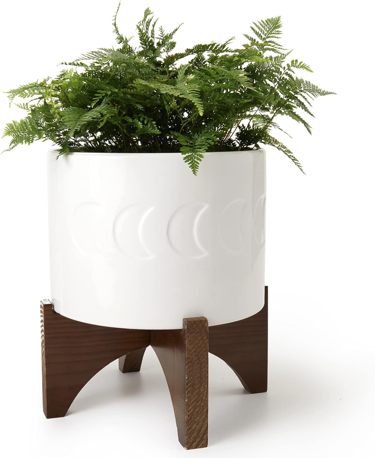 LA JOLIE MUSE Ceramic Planter with Wood Stand - 8 Inch White Cylinder Embossed Hobnail Patterned Flower Plant Pot Indoor - Image 10