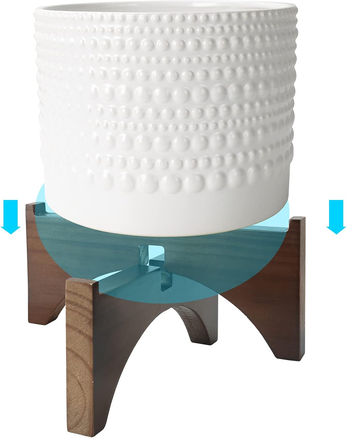 LA JOLIE MUSE Ceramic Planter with Wood Stand - 8 Inch White Cylinder Embossed Hobnail Patterned Flower Plant Pot Indoor - Image 6