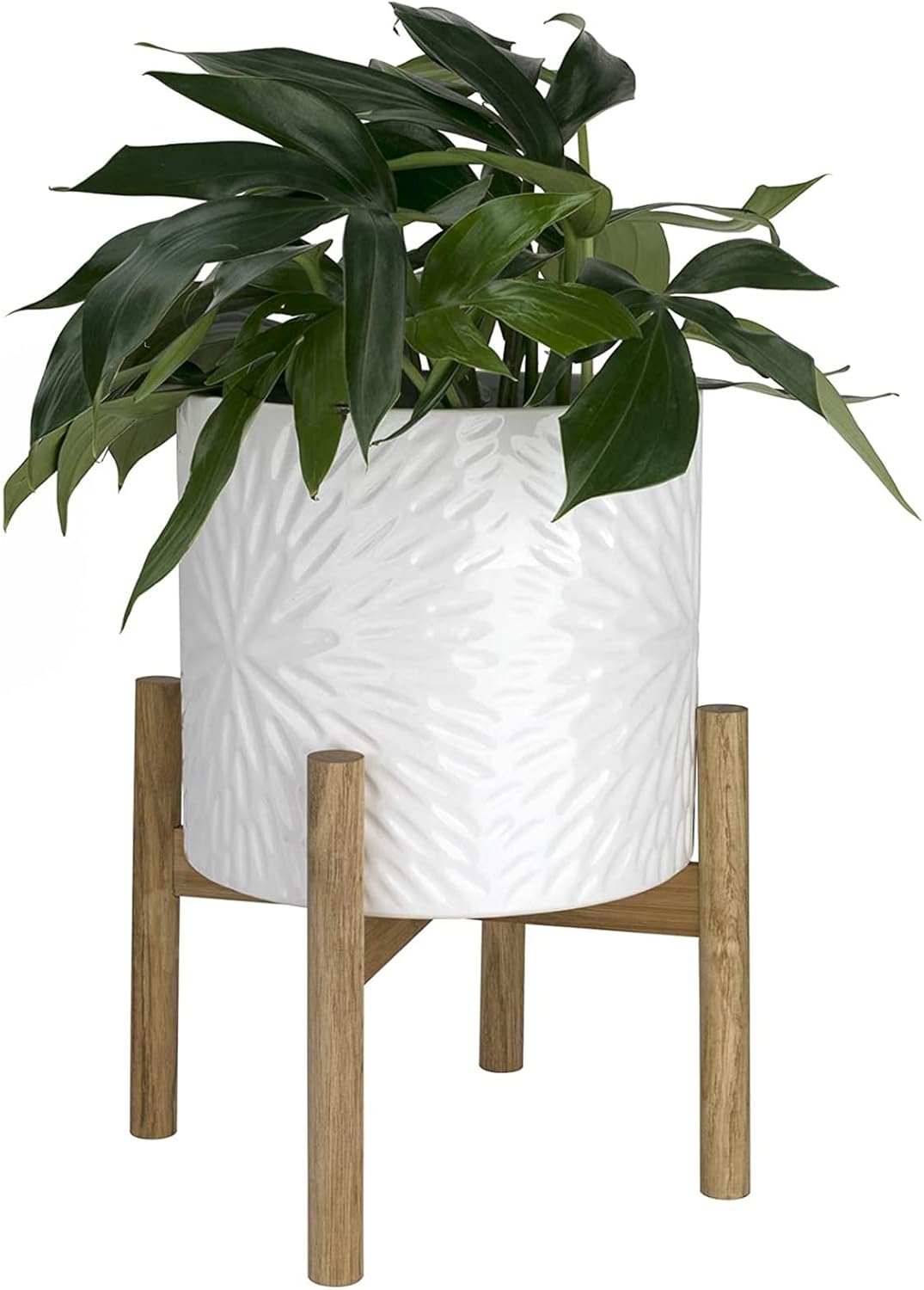 LA JOLIE MUSE Ceramic Planter with Wood Stand - 8 Inch White Cylinder Embossed Hobnail Patterned Flower Plant Pot Indoor - Image 9