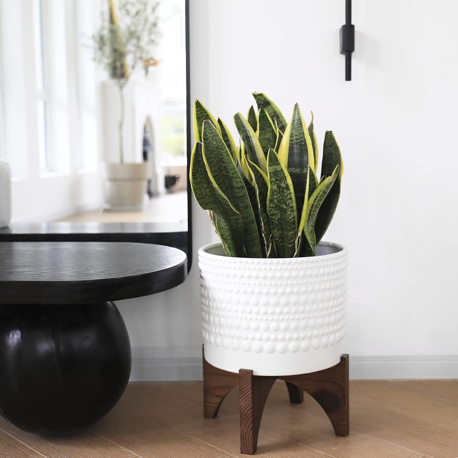 LA JOLIE MUSE Ceramic Planter with Wood Stand - 8 Inch White Cylinder Embossed Hobnail Patterned Flower Plant Pot Indoor - Image 3