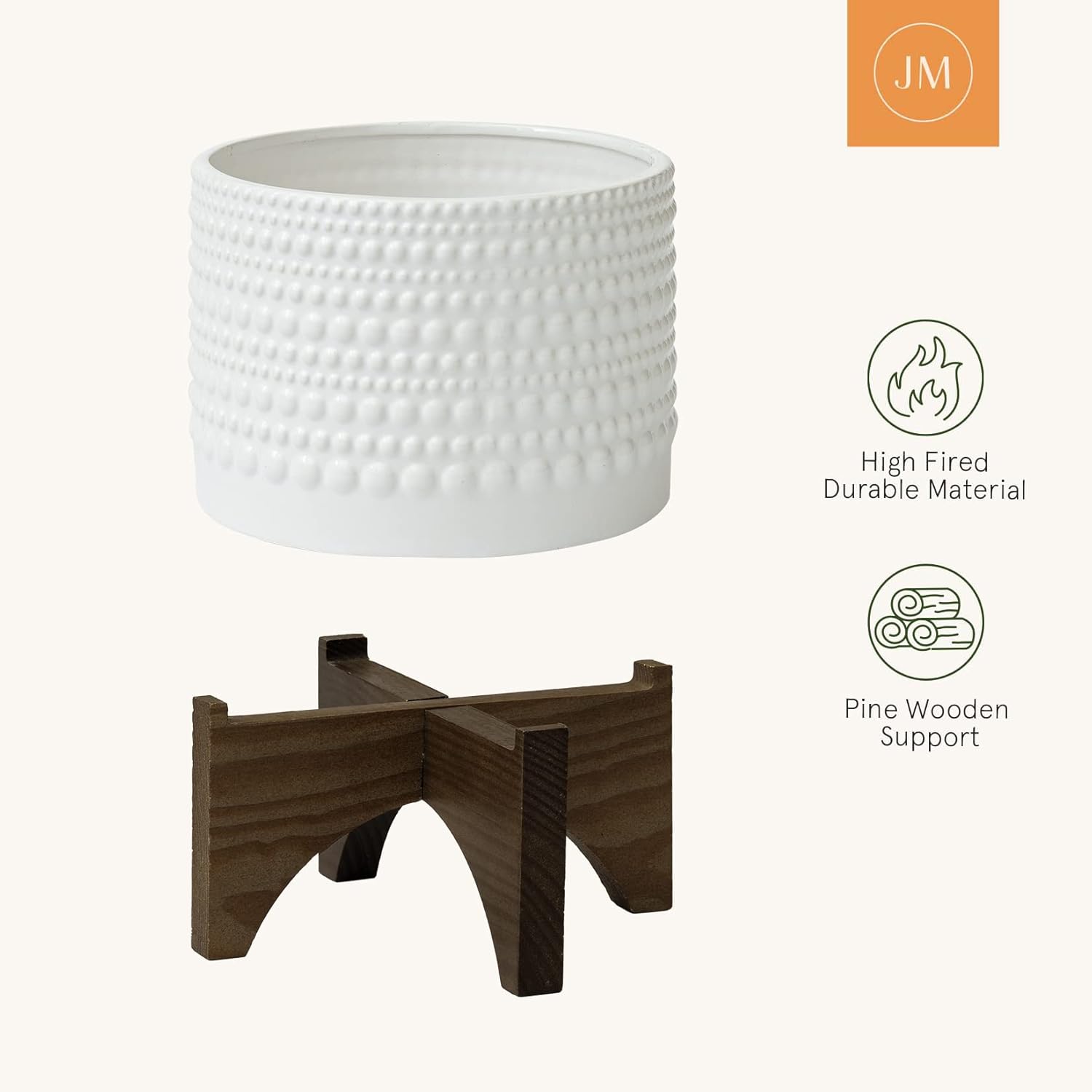 LA JOLIE MUSE Ceramic Planter with Wood Stand - 8 Inch White Cylinder Embossed Hobnail Patterned Flower Plant Pot Indoor - Image 5