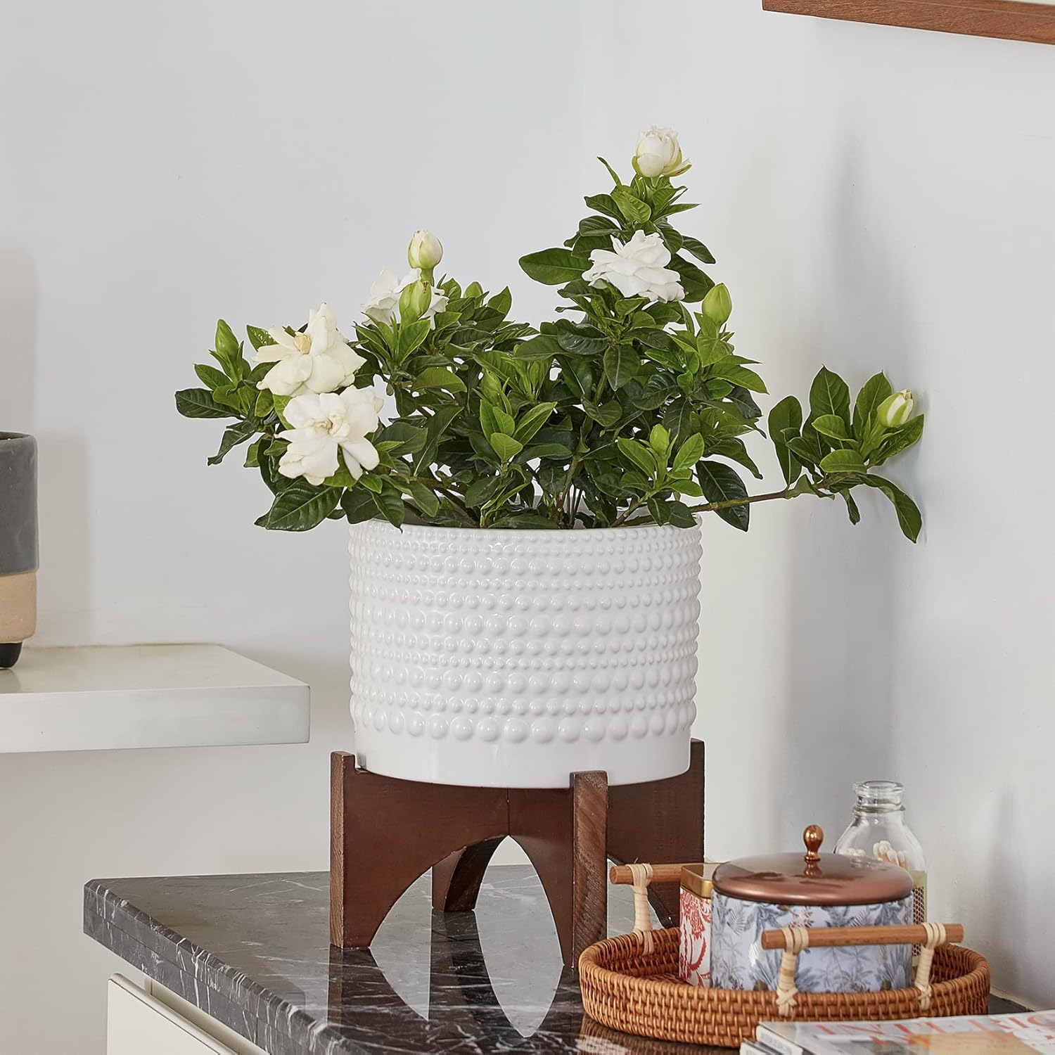 LA JOLIE MUSE Ceramic Planter with Wood Stand - 8 Inch White Cylinder Embossed Hobnail Patterned Flower Plant Pot Indoor - Image 7