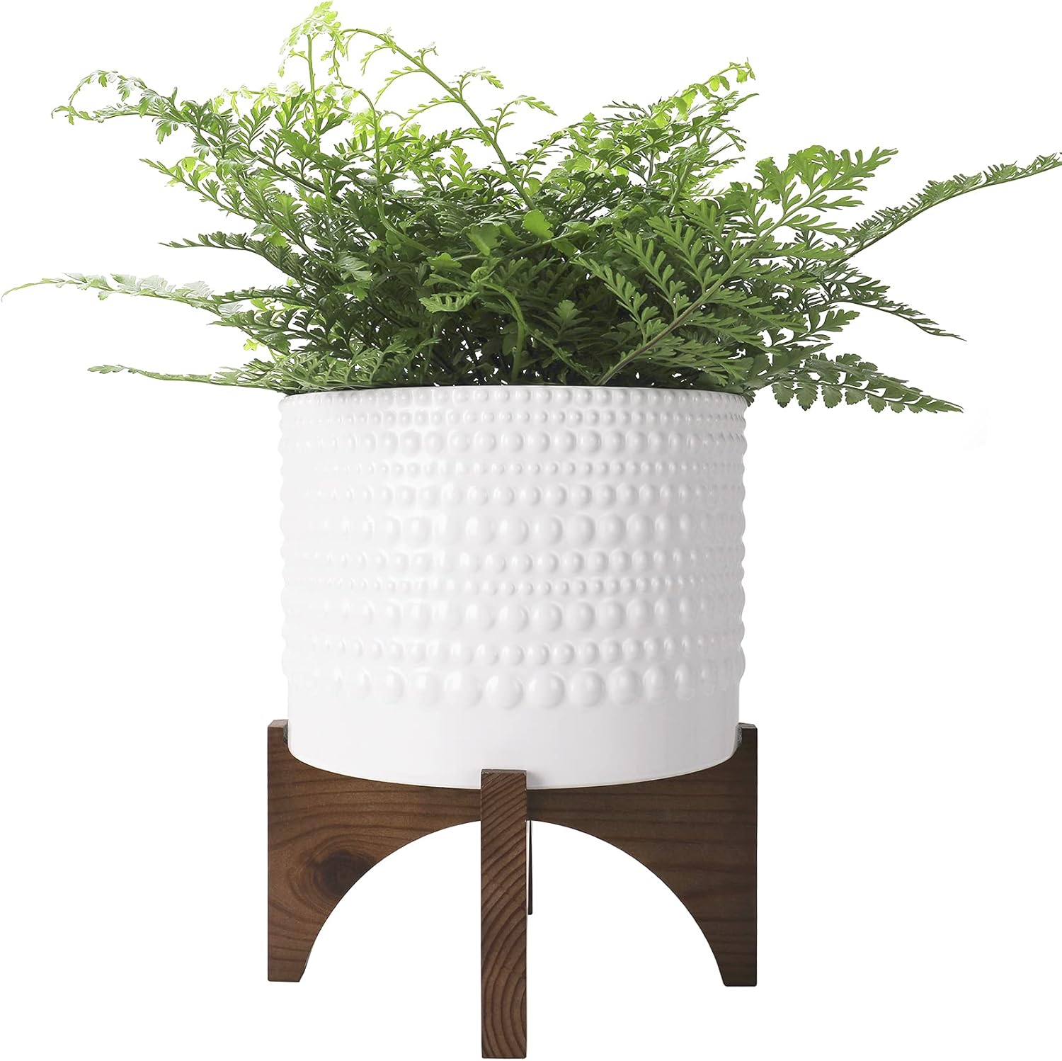 LA JOLIE MUSE Ceramic Planter with Wood Stand - 8 Inch White Cylinder Embossed Hobnail Patterned Flower Plant Pot Indoor - Image 14
