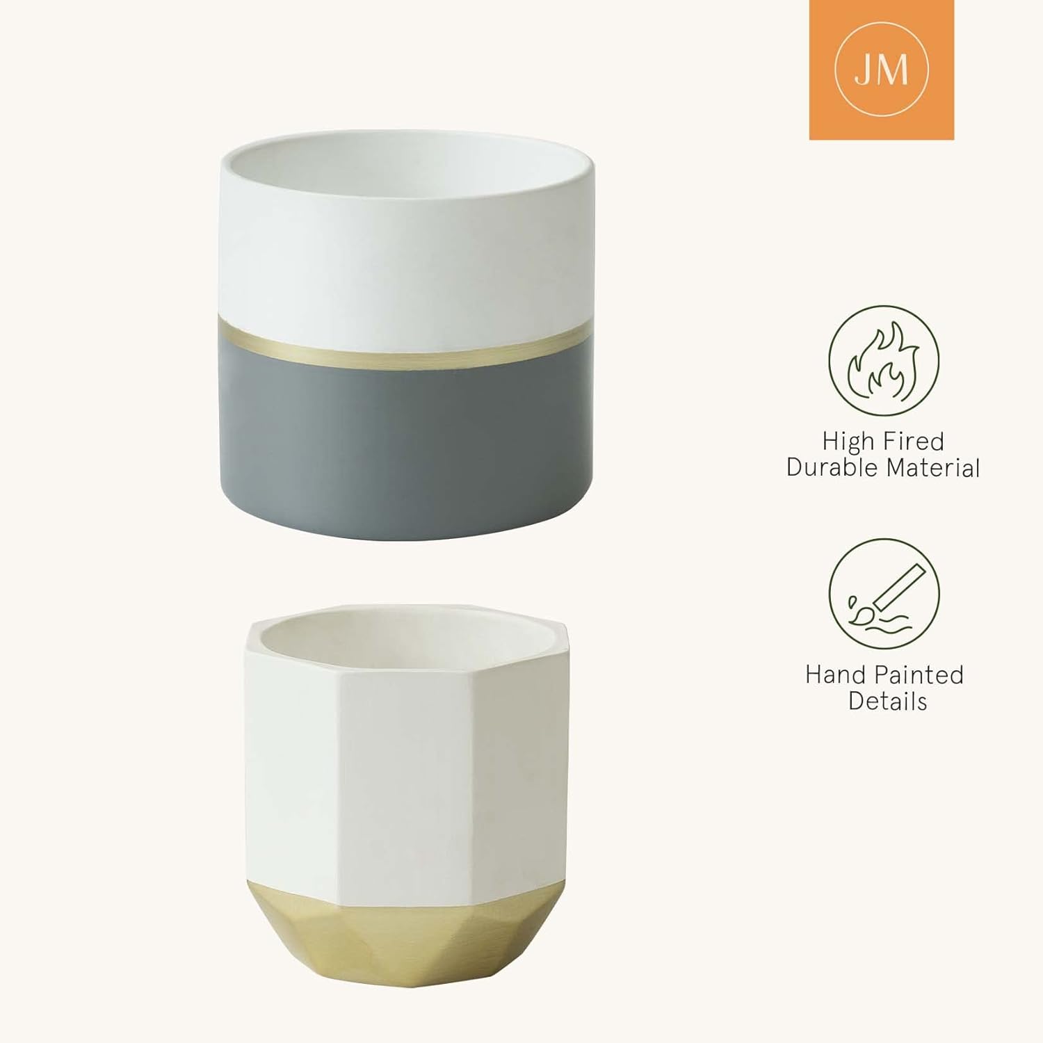 LA JOLIE MUSE White Ceramic Flower Pot Garden Planters 6.7 Inch Pack 2 Indoor Plant Containers with Gold and Grey Detailing - Image 6
