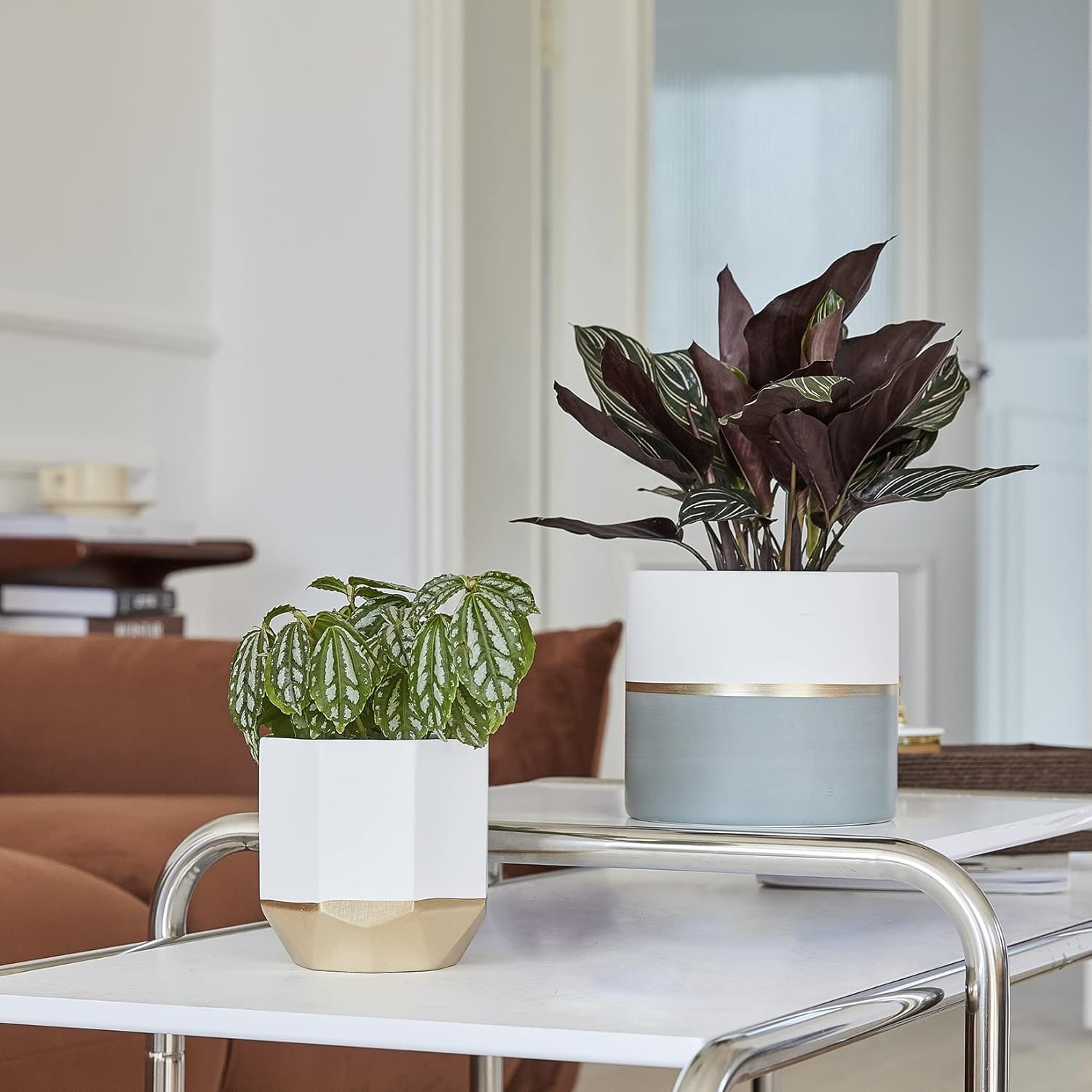 LA JOLIE MUSE White Ceramic Flower Pot Garden Planters 6.7 Inch Pack 2 Indoor Plant Containers with Gold and Grey Detailing - Image 3