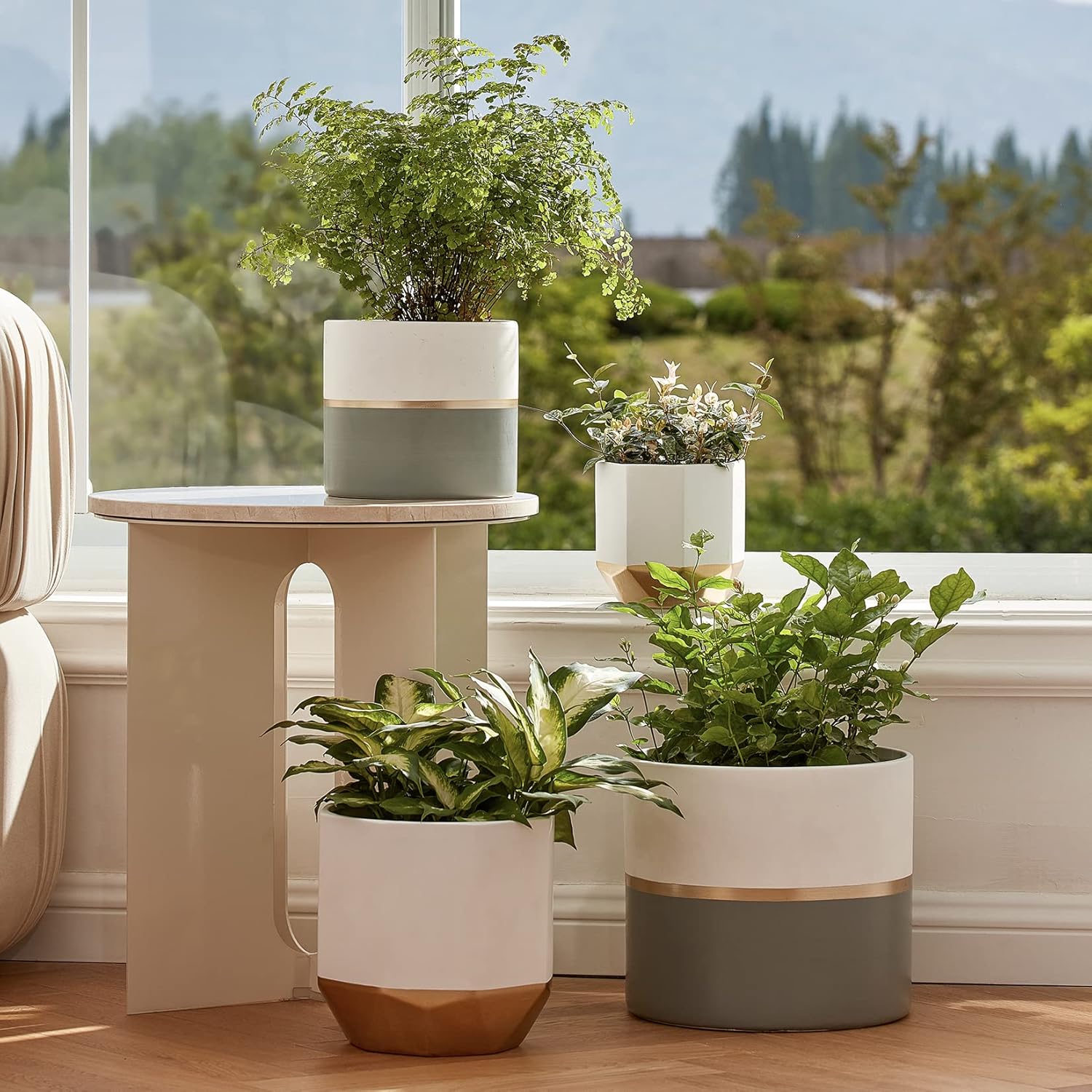 LA JOLIE MUSE White Ceramic Flower Pot Garden Planters 6.7 Inch Pack 2 Indoor Plant Containers with Gold and Grey Detailing - Image 5