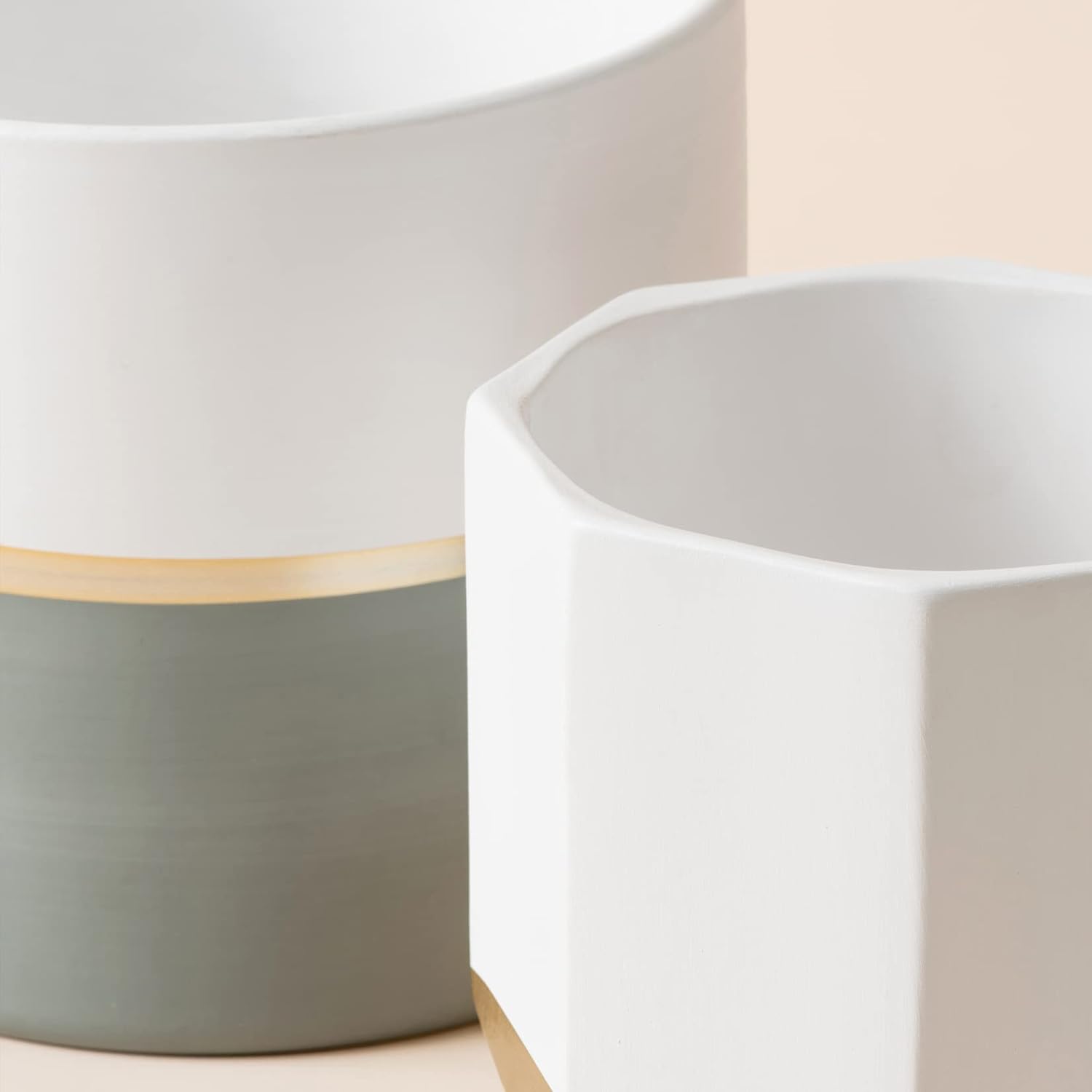 LA JOLIE MUSE White Ceramic Flower Pot Garden Planters 6.7 Inch Pack 2 Indoor Plant Containers with Gold and Grey Detailing - Image 7