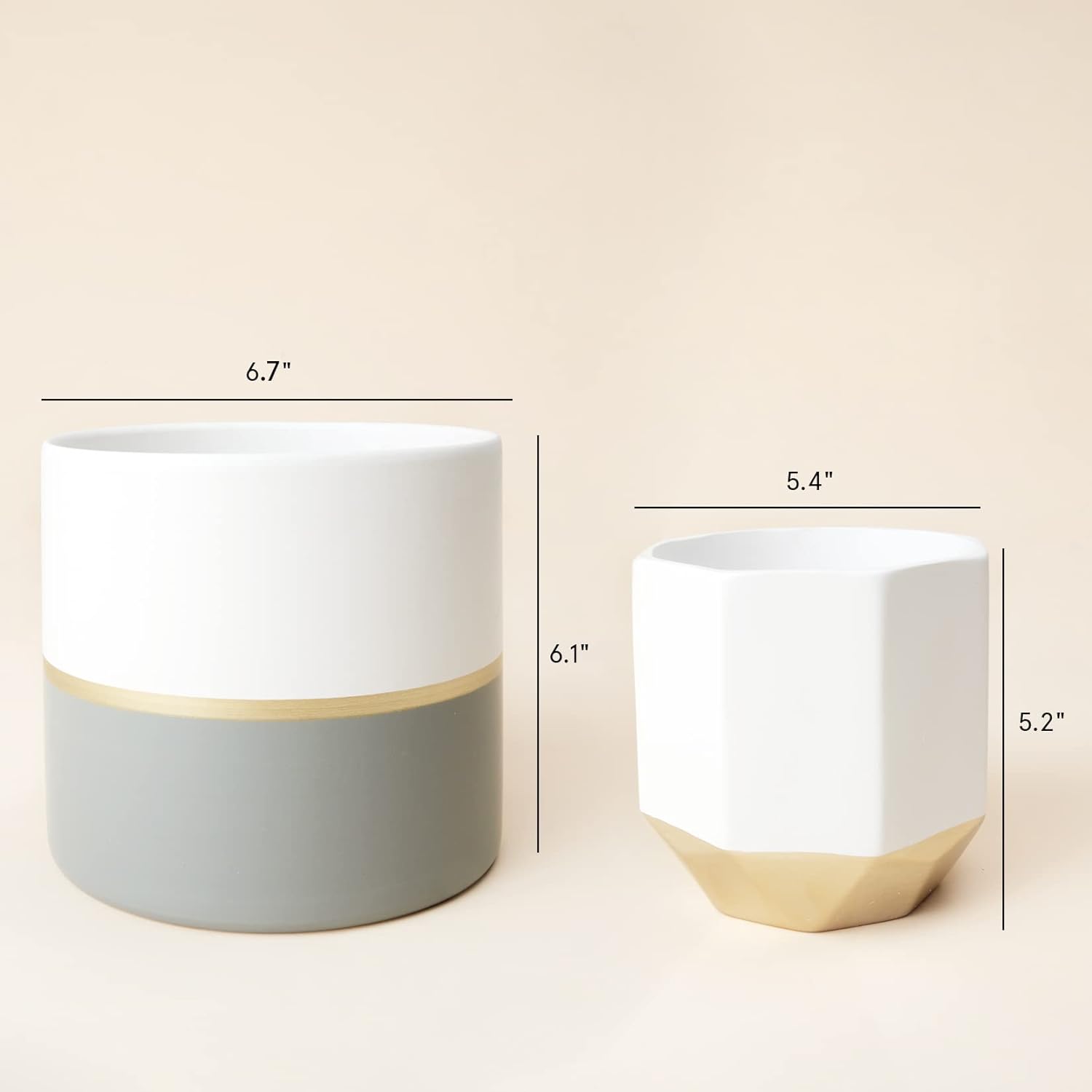 LA JOLIE MUSE White Ceramic Flower Pot Garden Planters 6.7 Inch Pack 2 Indoor Plant Containers with Gold and Grey Detailing - Image 8