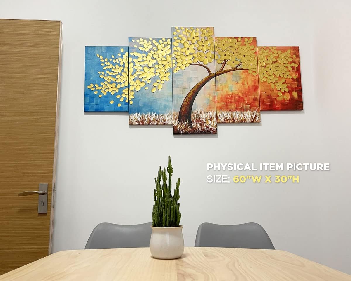 Large Wall Art Paintings for Bedroom Tree Wall Decor 3D Gold Flower Wall Painting Textured Canvas Picture Modern Abstract Home Decorations for Living Room Kitchen Office Wall Decorations 60x30in - Image 2