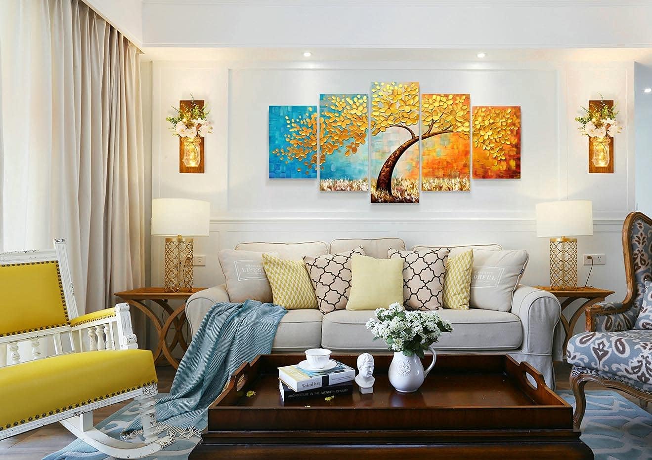 Large Wall Art Paintings for Bedroom Tree Wall Decor 3D Gold Flower Wall Painting Textured Canvas Picture Modern Abstract Home Decorations for Living Room Kitchen Office Wall Decorations 60x30in - Image 4