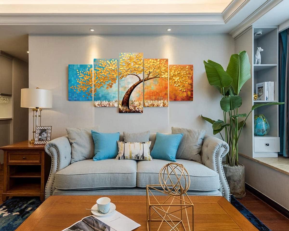Large Wall Art Paintings for Bedroom Tree Wall Decor 3D Gold Flower Wall Painting Textured Canvas Picture Modern Abstract Home Decorations for Living Room Kitchen Office Wall Decorations 60x30in - Image 3
