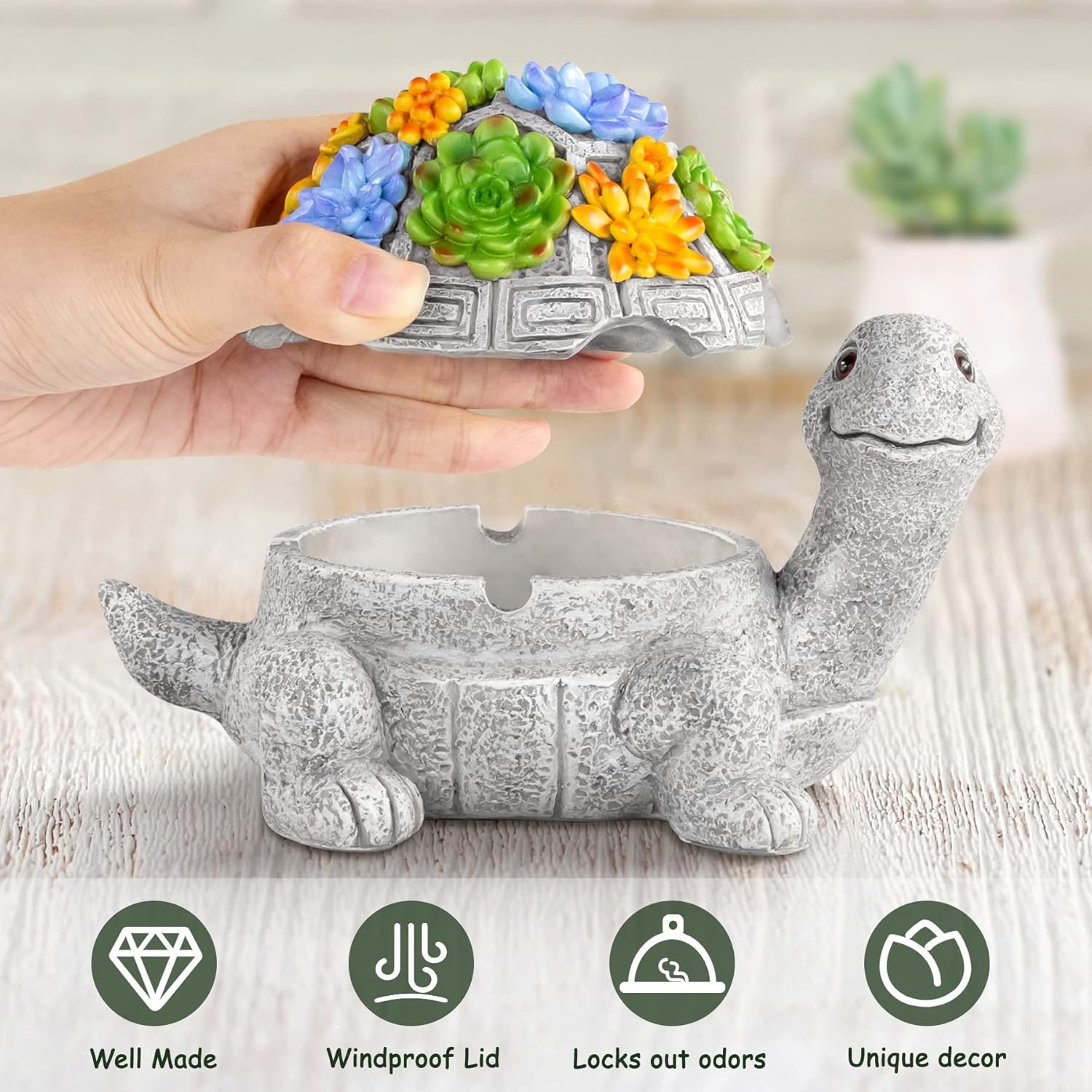 LESES Ashtray, Outdoor Ashtray with Lid Smokeless Waterproof Ash Tray with Cute Turtle Decor, Resin Ashtray for Cigarettes Home Office, Porch Patio Decorations Outdoor Indoor Ashtray - Image 2
