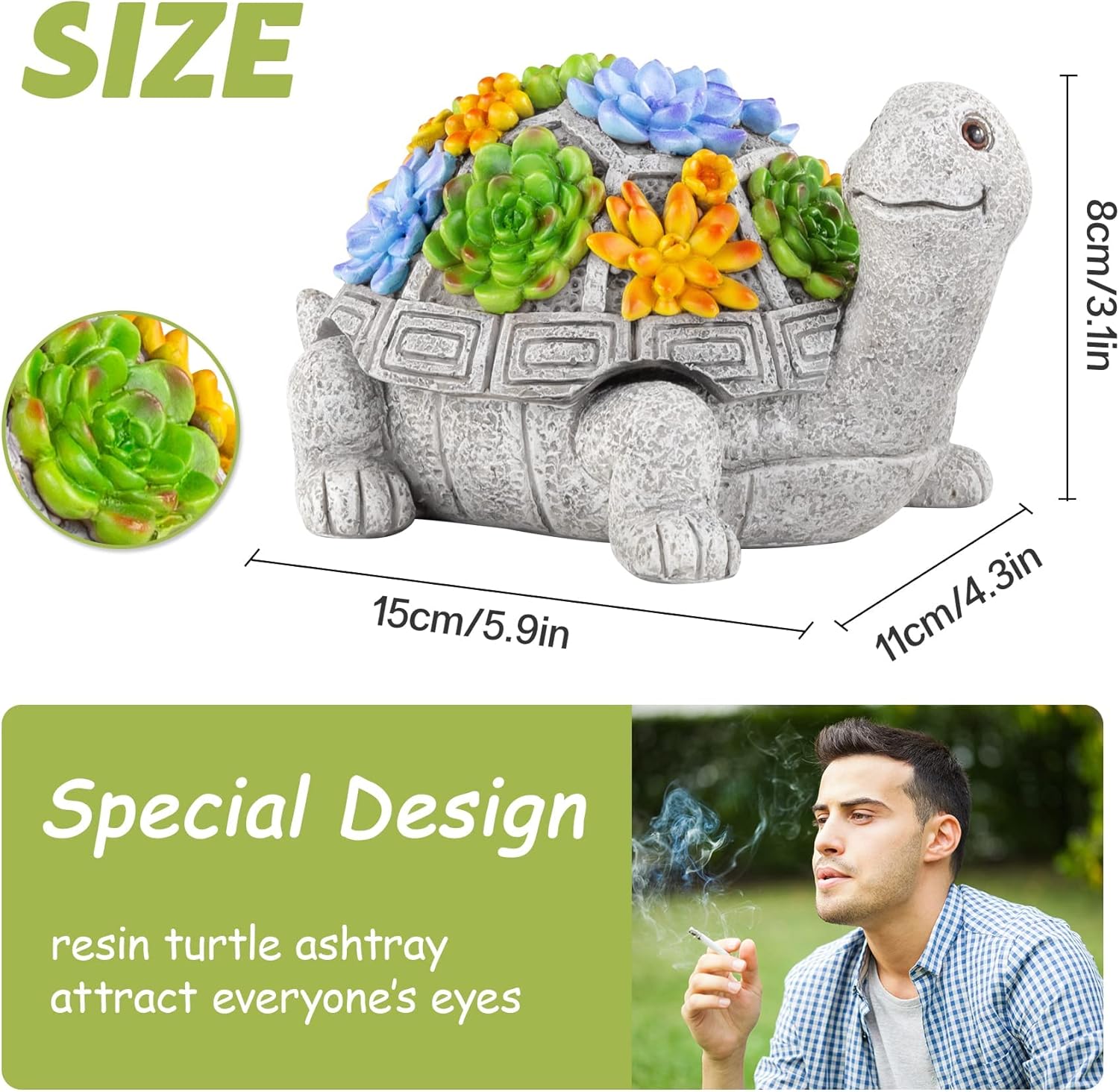 LESES Ashtray, Outdoor Ashtray with Lid Smokeless Waterproof Ash Tray with Cute Turtle Decor, Resin Ashtray for Cigarettes Home Office, Porch Patio Decorations Outdoor Indoor Ashtray - Image 3