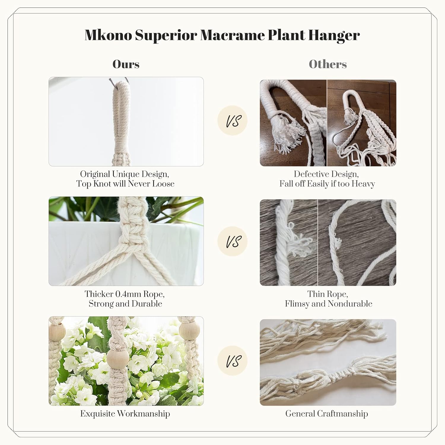 Mkono Macrame Plant Hanger Indoor Hanging Planter Basket with Wood Beads Decorative Flower Pot Holder No Tassels for Indoor Outdoor Boho Home Decor 35 Inch, Ivory (POTS NOT Included) - Image 5