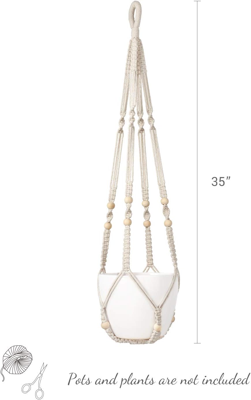 Mkono Macrame Plant Hanger Indoor Hanging Planter Basket with Wood Beads Decorative Flower Pot Holder No Tassels for Indoor Outdoor Boho Home Decor 35 Inch, Ivory (POTS NOT Included) - Image 6