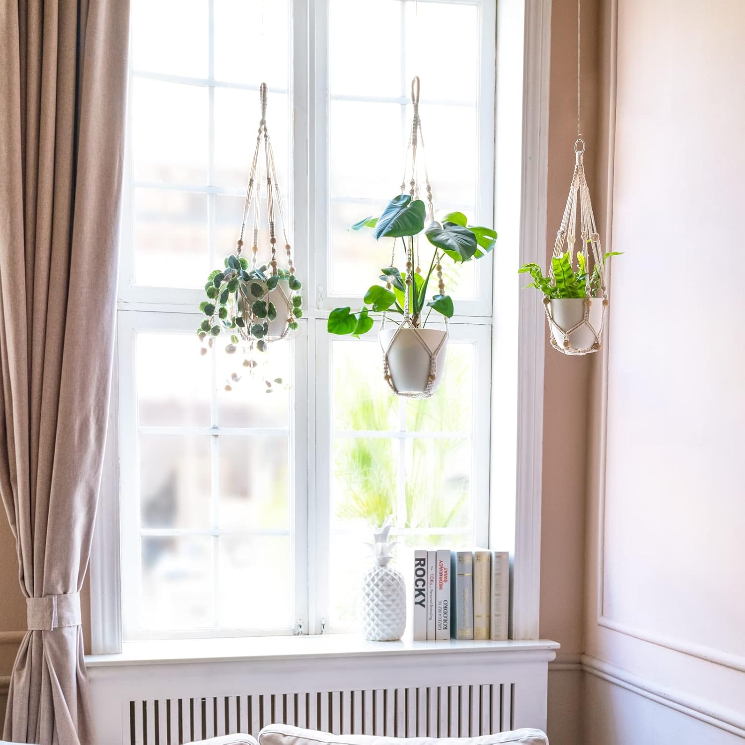 Mkono Macrame Plant Hanger Indoor Hanging Planter Basket with Wood Beads Decorative Flower Pot Holder No Tassels for Indoor Outdoor Boho Home Decor 35 Inch, Ivory (POTS NOT Included) - Image 4