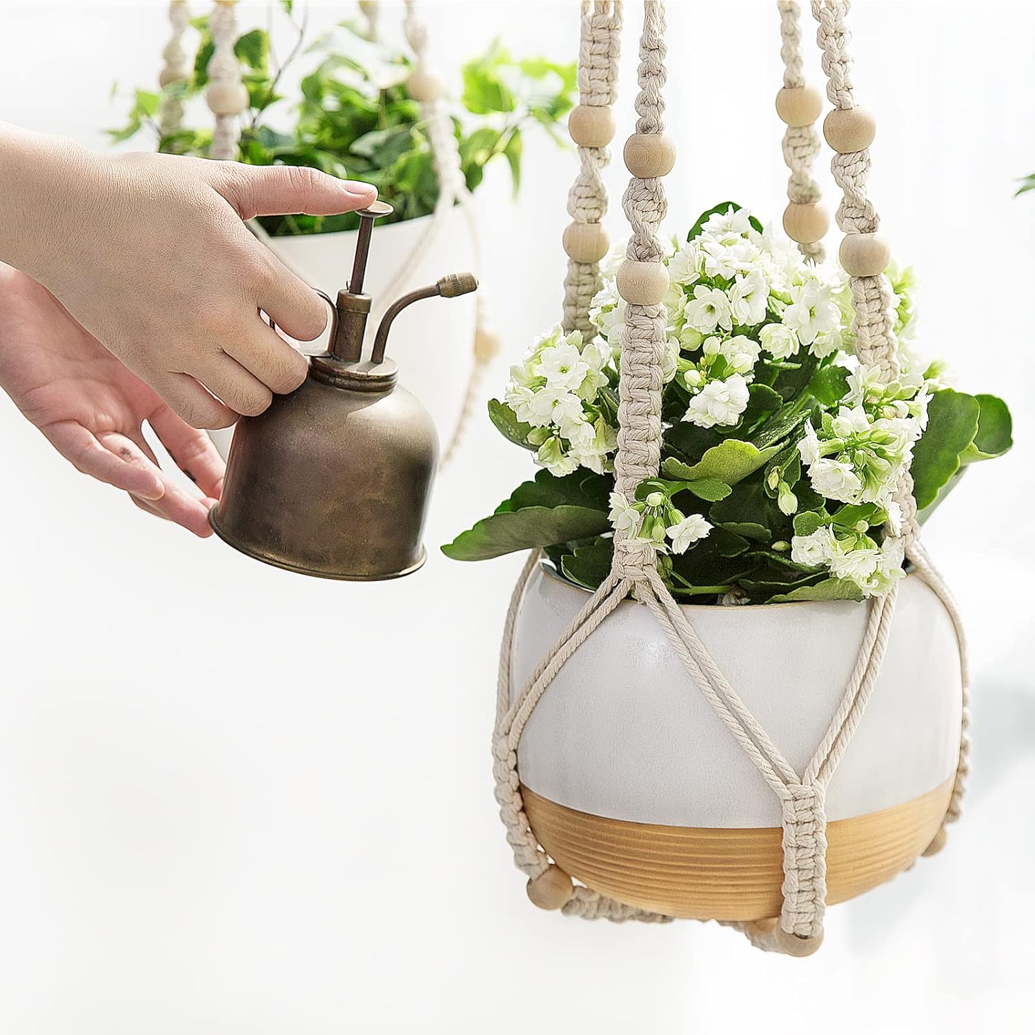 Mkono Macrame Plant Hanger Indoor Hanging Planter Basket with Wood Beads Decorative Flower Pot Holder No Tassels for Indoor Outdoor Boho Home Decor 35 Inch, Ivory (POTS NOT Included) - Image 7