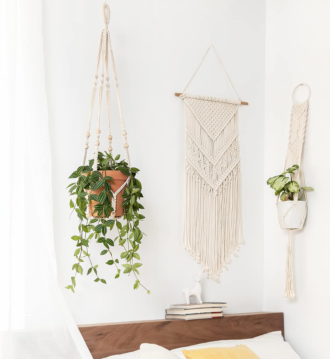 Mkono Macrame Plant Hanger Indoor Hanging Planter Basket with Wood Beads Decorative Flower Pot Holder No Tassels for Indoor Outdoor Boho Home Decor 35 Inch, Ivory (POTS NOT Included) - Image 2