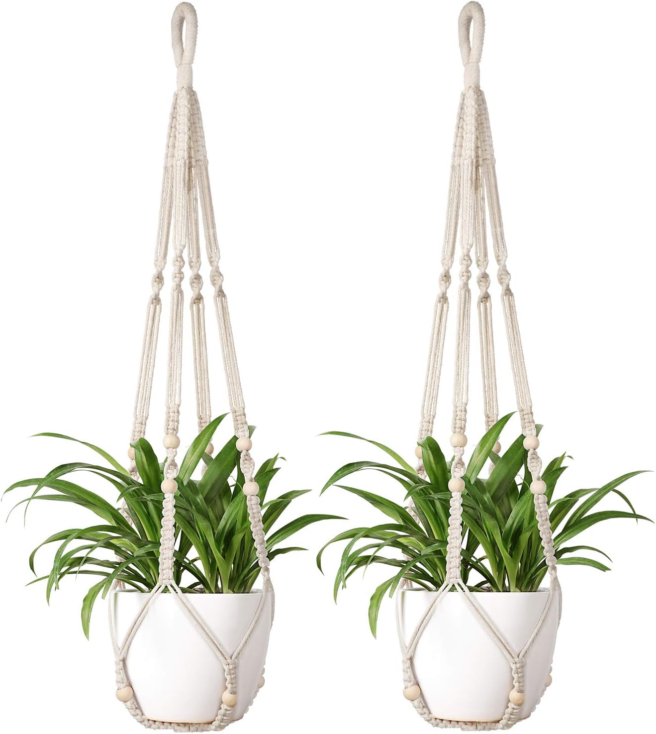 Mkono Macrame Plant Hanger Indoor Hanging Planter Basket with Wood Beads Decorative Flower Pot Holder No Tassels for Indoor Outdoor Boho Home Decor 35 Inch, Ivory (POTS NOT Included) - Image 11