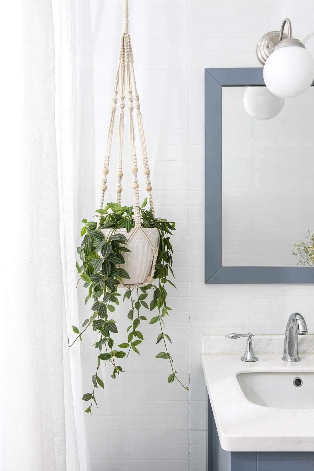 Mkono Macrame Plant Hanger Indoor Hanging Planter Basket with Wood Beads Decorative Flower Pot Holder No Tassels for Indoor Outdoor Boho Home Decor 35 Inch, Ivory (POTS NOT Included) - Image 8