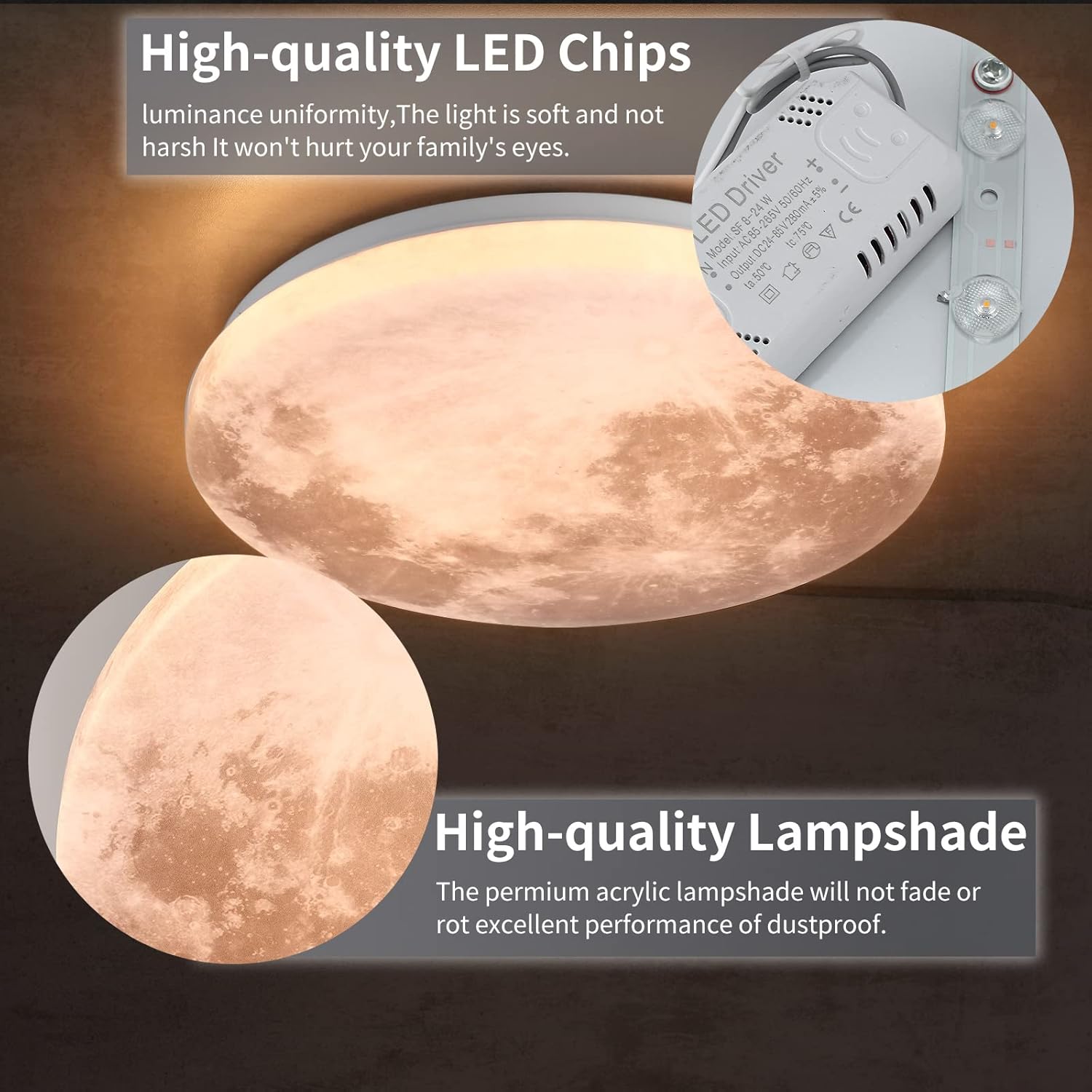 Moon-Style Flush Mount Ceiling Light Fixture, LED Modern Ceiling Lights, Wall Light,Daylight White Ceiling Lamp for Bedroom, Kitchen, Bathroom, Hallway, Laundry Room, Kids Room, Moon Wall Sconce - Image 5