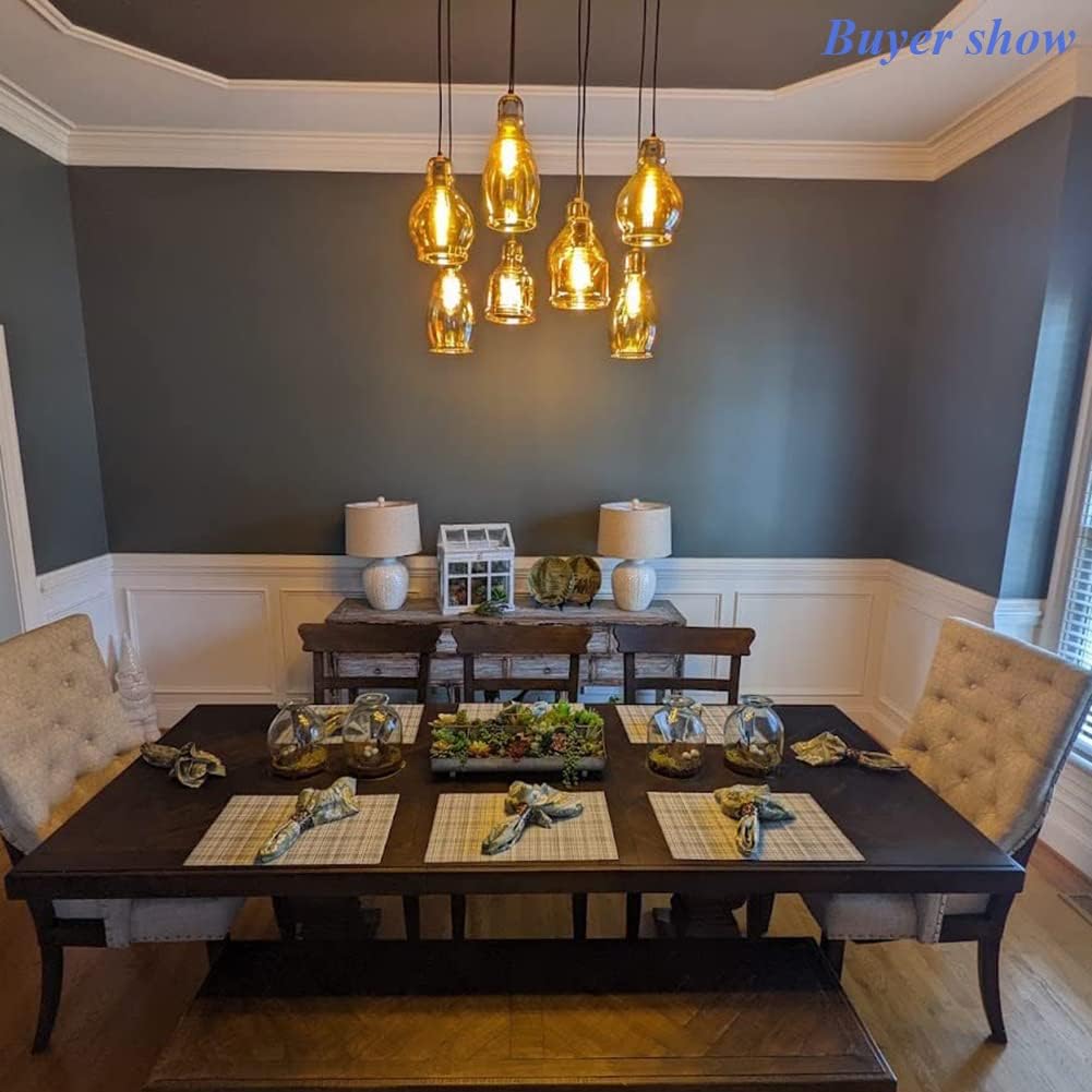 MoreChange Vintage Kitchen Island Lights Fixtures 8-Light Linear Glass Chandelier, Cognac Glass Hanging Pendant Lighting Rustic Ceiling Lights Fixtures with Round Plate for Dining Room Cafe Bar - Image 6