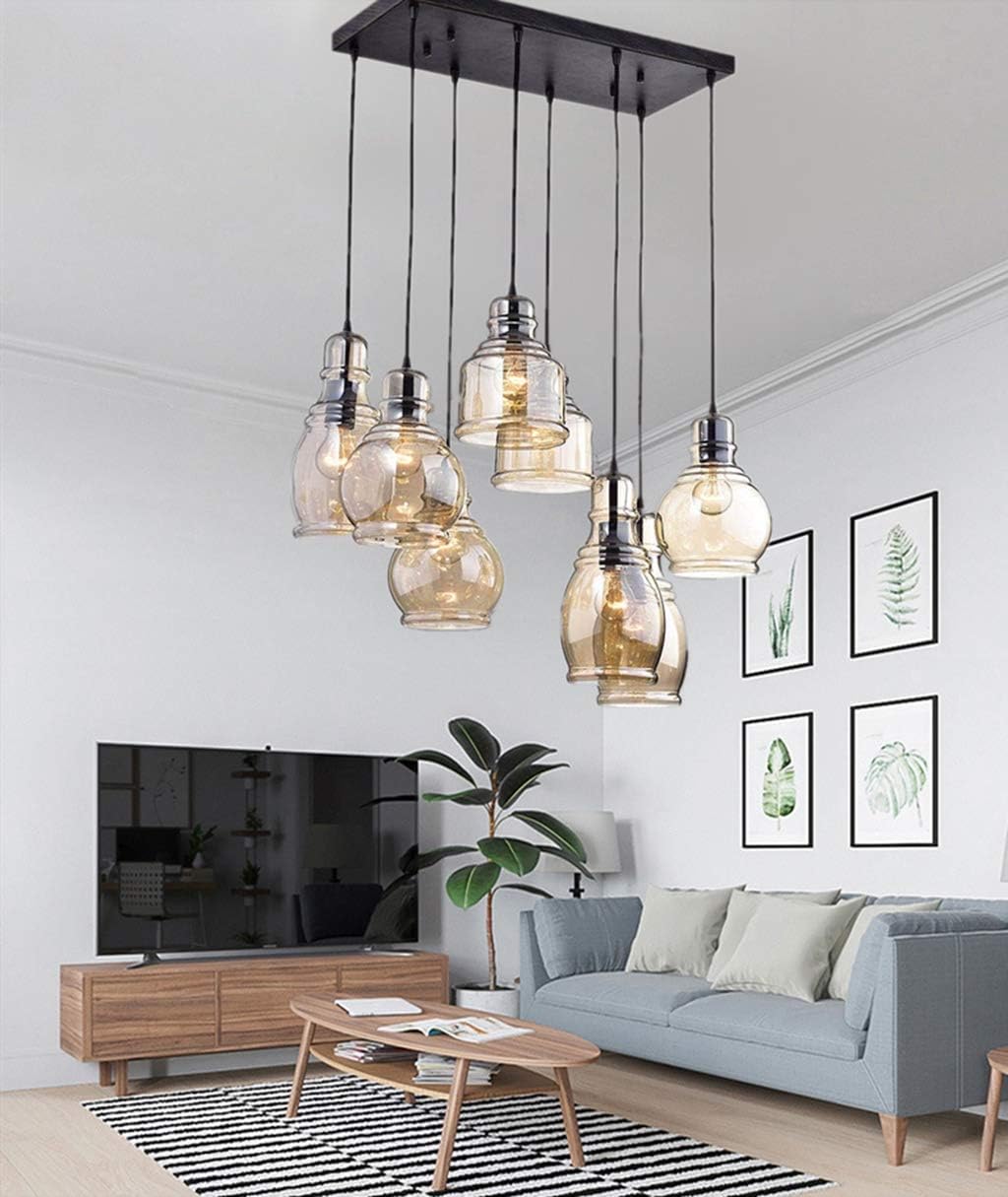 MoreChange Vintage Kitchen Island Lights Fixtures 8-Light Linear Glass Chandelier, Cognac Glass Hanging Pendant Lighting Rustic Ceiling Lights Fixtures with Round Plate for Dining Room Cafe Bar - Image 10