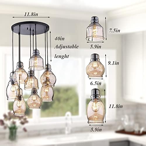 MoreChange Vintage Kitchen Island Lights Fixtures 8-Light Linear Glass Chandelier, Cognac Glass Hanging Pendant Lighting Rustic Ceiling Lights Fixtures with Round Plate for Dining Room Cafe Bar - Image 3