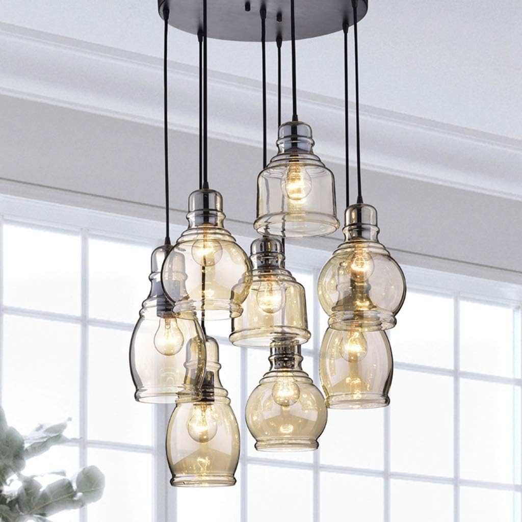 MoreChange Vintage Kitchen Island Lights Fixtures 8-Light Linear Glass Chandelier, Cognac Glass Hanging Pendant Lighting Rustic Ceiling Lights Fixtures with Round Plate for Dining Room Cafe Bar - Image 2