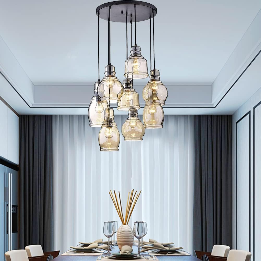 MoreChange Vintage Kitchen Island Lights Fixtures 8-Light Linear Glass Chandelier, Cognac Glass Hanging Pendant Lighting Rustic Ceiling Lights Fixtures with Round Plate for Dining Room Cafe Bar - Image 9