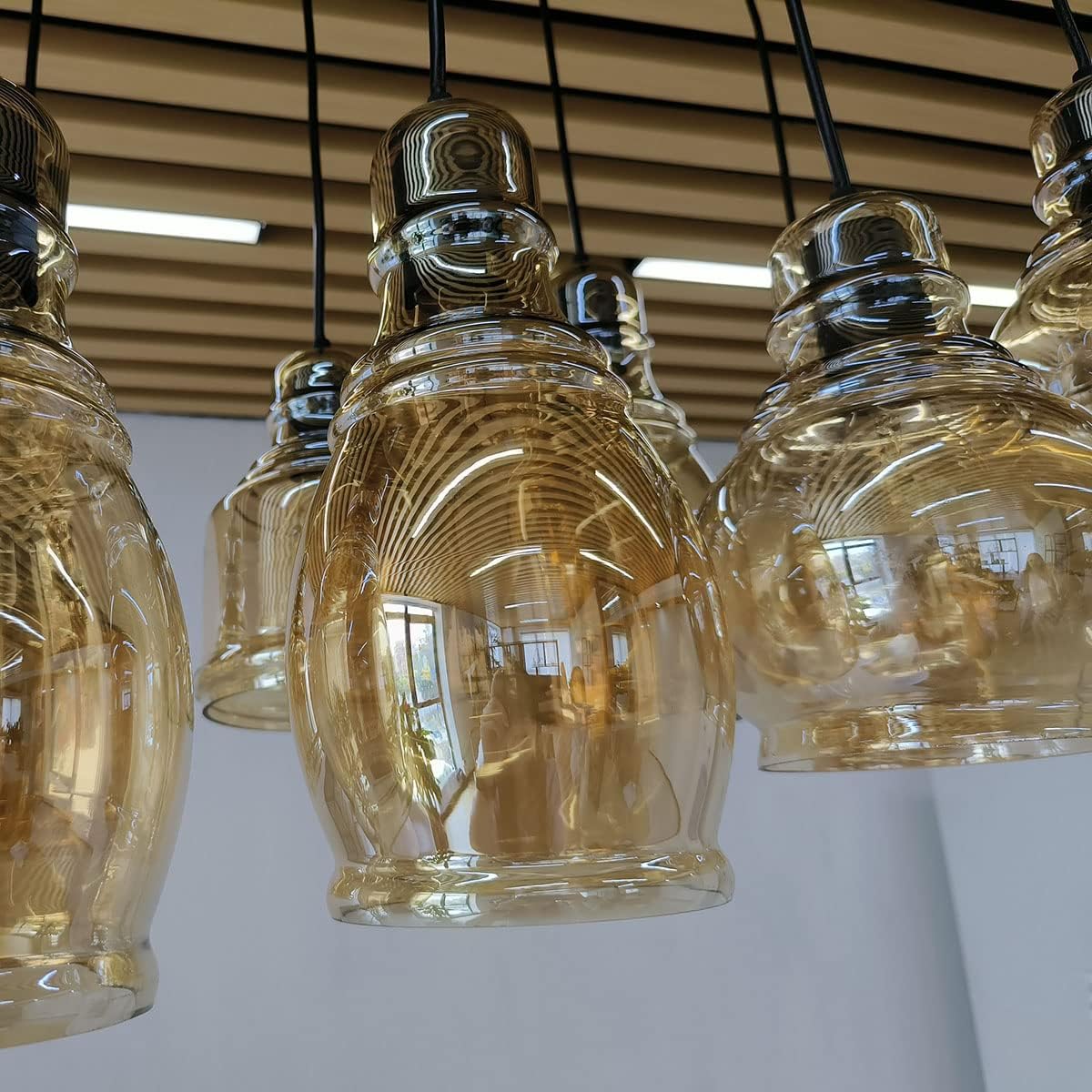 MoreChange Vintage Kitchen Island Lights Fixtures 8-Light Linear Glass Chandelier, Cognac Glass Hanging Pendant Lighting Rustic Ceiling Lights Fixtures with Round Plate for Dining Room Cafe Bar - Image 5