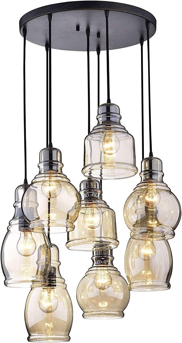 MoreChange Vintage Kitchen Island Lights Fixtures 8-Light Linear Glass Chandelier, Cognac Glass Hanging Pendant Lighting Rustic Ceiling Lights Fixtures with Round Plate for Dining Room Cafe Bar - Image 7