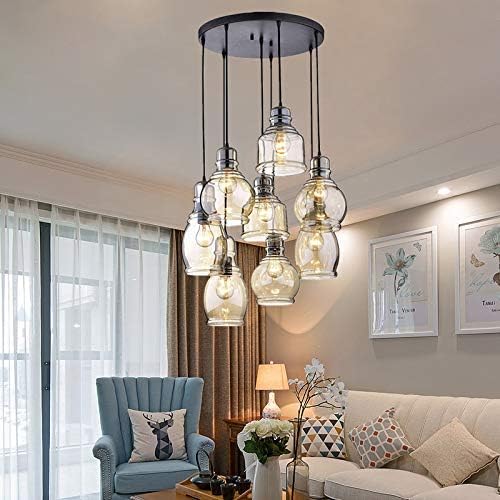 MoreChange Vintage Kitchen Island Lights Fixtures 8-Light Linear Glass Chandelier, Cognac Glass Hanging Pendant Lighting Rustic Ceiling Lights Fixtures with Round Plate for Dining Room Cafe Bar - Image 8