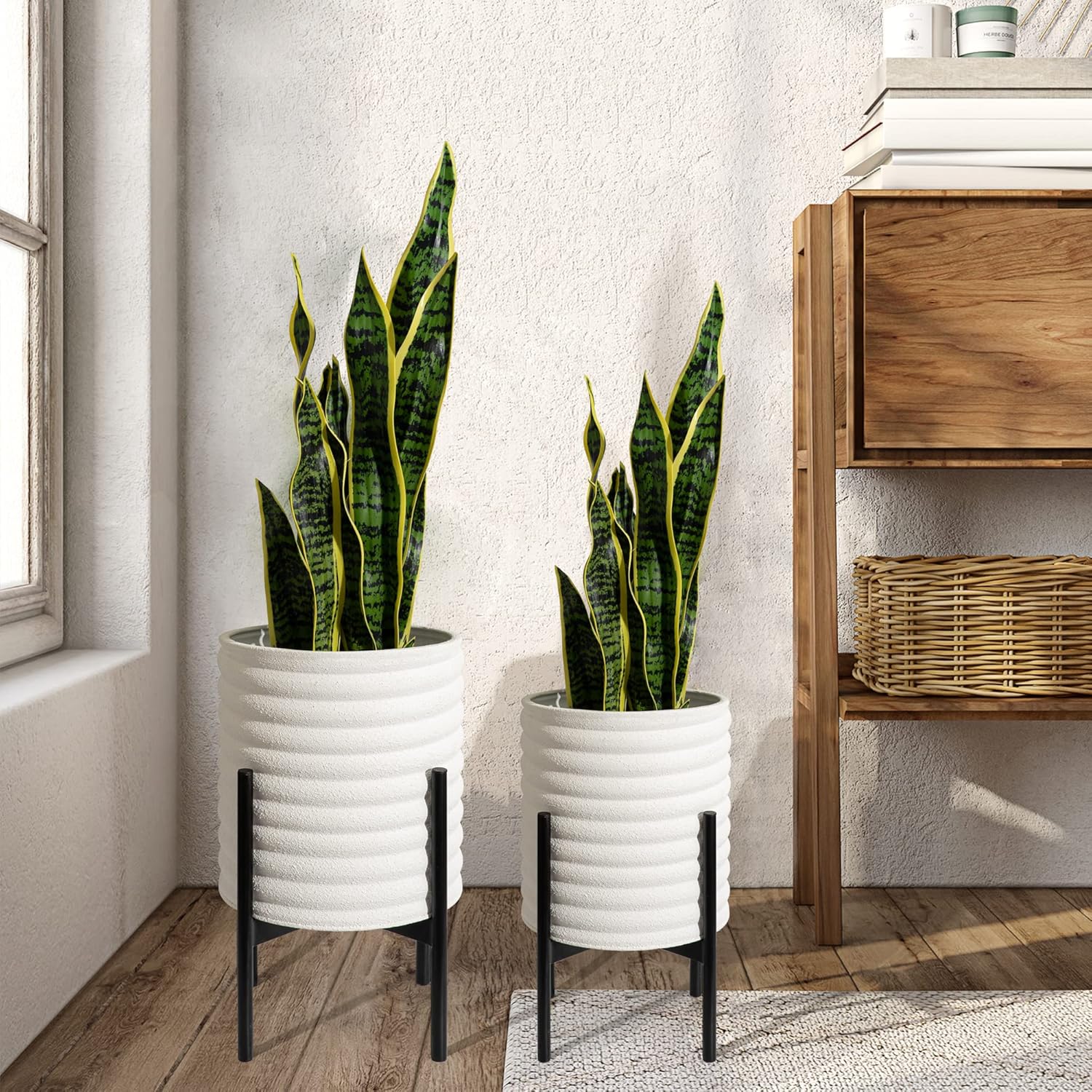 Oakrain Mid Century Planters for Indoor Plants, Set of 2, Modern Decorative Metal Planter Pots for Living Room, Office, Garden or Balcony, Black Planter with Stand, 8 inch & 10 inch - Image 11
