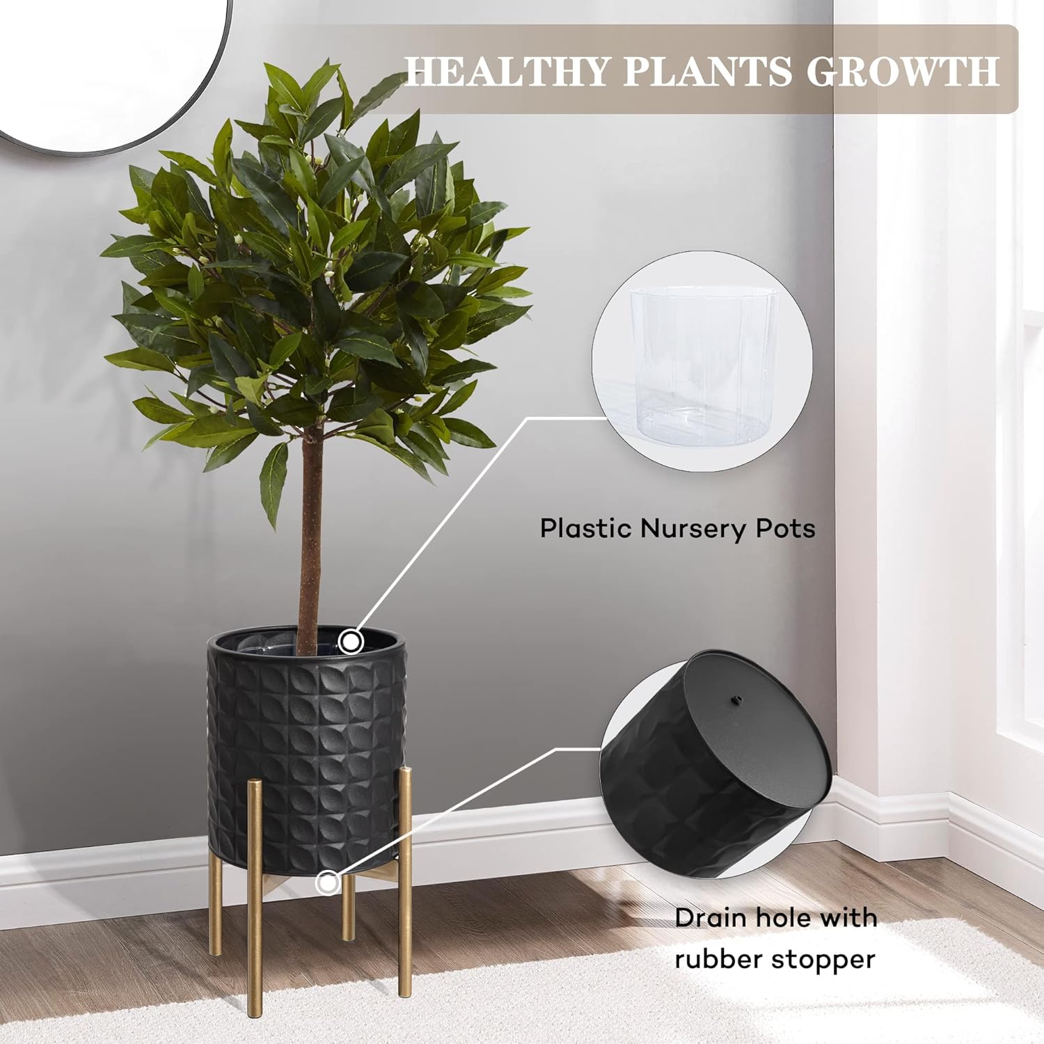 Oakrain Mid Century Planters for Indoor Plants, Set of 2, Modern Decorative Metal Planter Pots for Living Room, Office, Garden or Balcony, Black Planter with Stand, 8 inch & 10 inch - Image 3