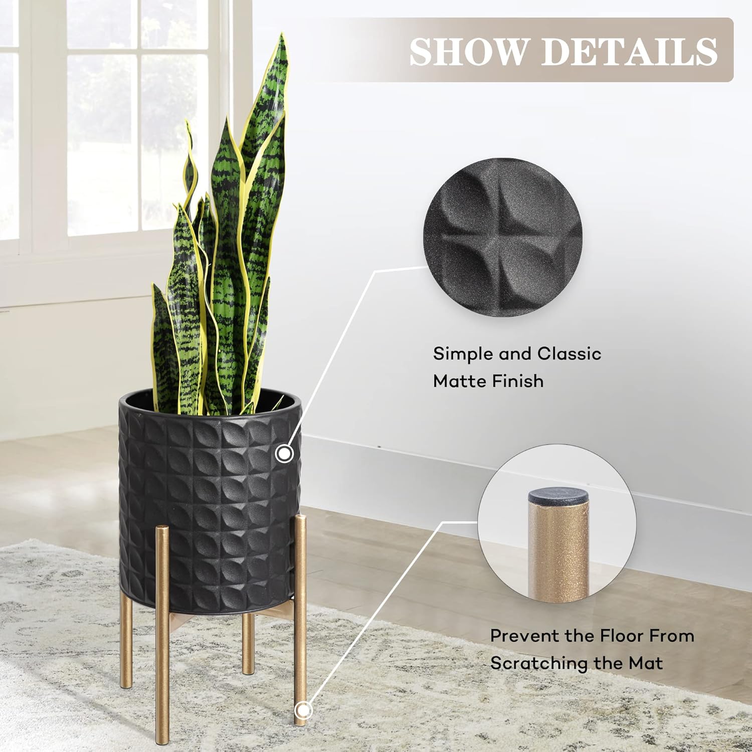 Oakrain Mid Century Planters for Indoor Plants, Set of 2, Modern Decorative Metal Planter Pots for Living Room, Office, Garden or Balcony, Black Planter with Stand, 8 inch & 10 inch - Image 2