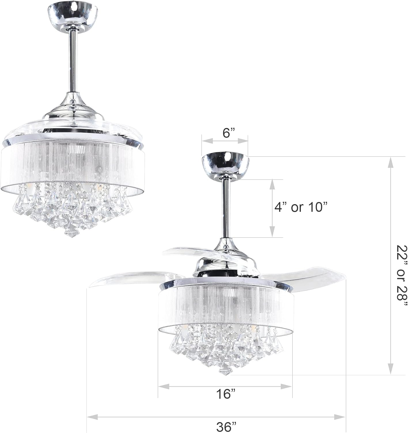 Parrot Uncle Ceiling Fans with Lights and Remote Crystal Chandelier Ceiling Fan with Light for Bedroom 3 Retractable Blades, 36 Inch, Silver - Image 2