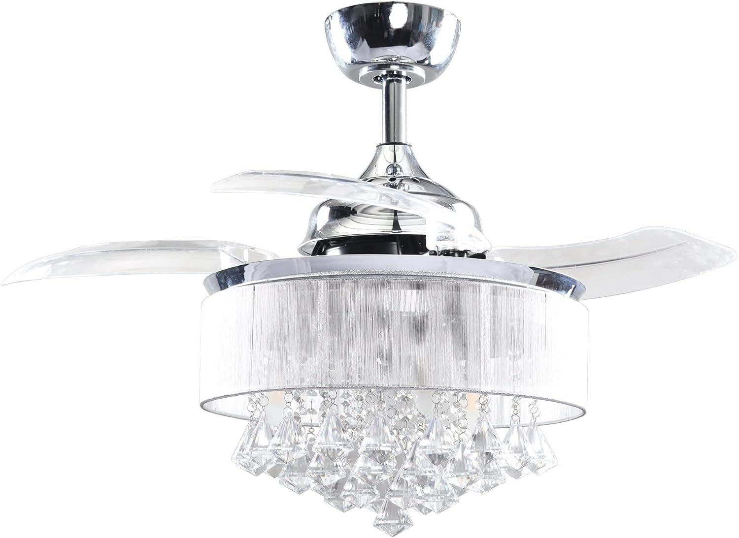Parrot Uncle Ceiling Fans with Lights and Remote Crystal Chandelier Ceiling Fan with Light for Bedroom 3 Retractable Blades, 36 Inch, Silver
