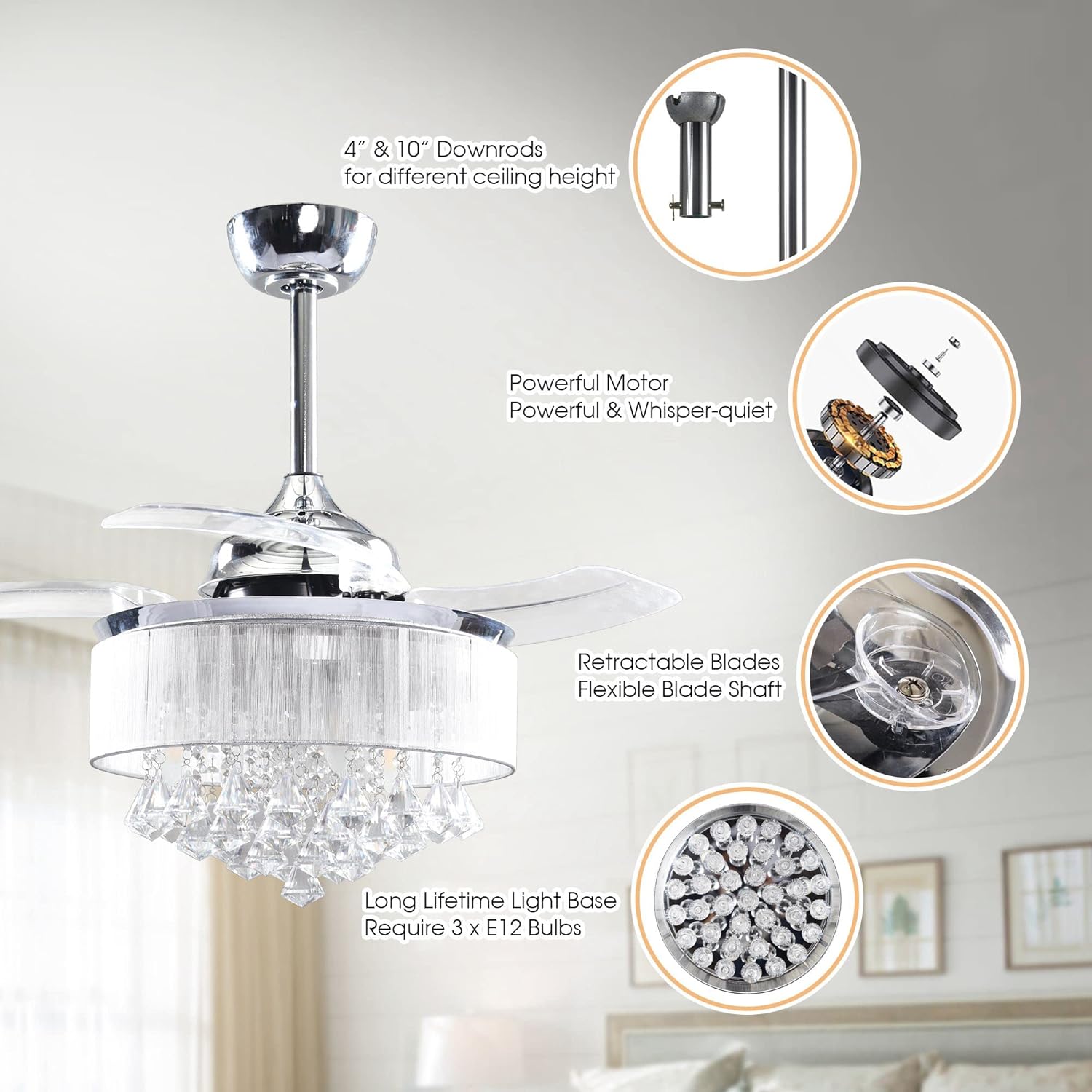 Parrot Uncle Ceiling Fans with Lights and Remote Crystal Chandelier Ceiling Fan with Light for Bedroom 3 Retractable Blades, 36 Inch, Silver - Image 3
