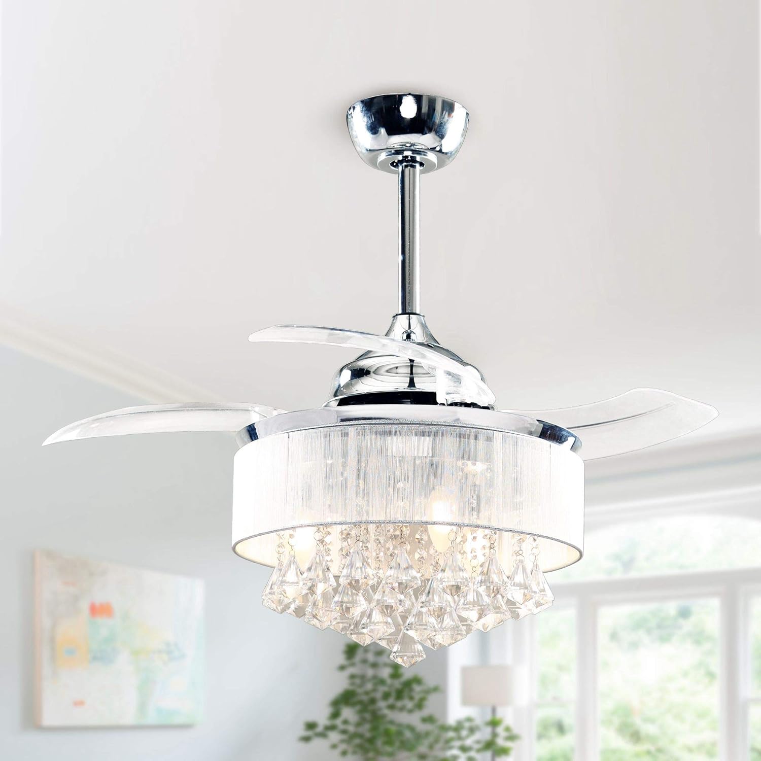 Parrot Uncle Ceiling Fans with Lights and Remote Crystal Chandelier Ceiling Fan with Light for Bedroom 3 Retractable Blades, 36 Inch, Silver - Image 9
