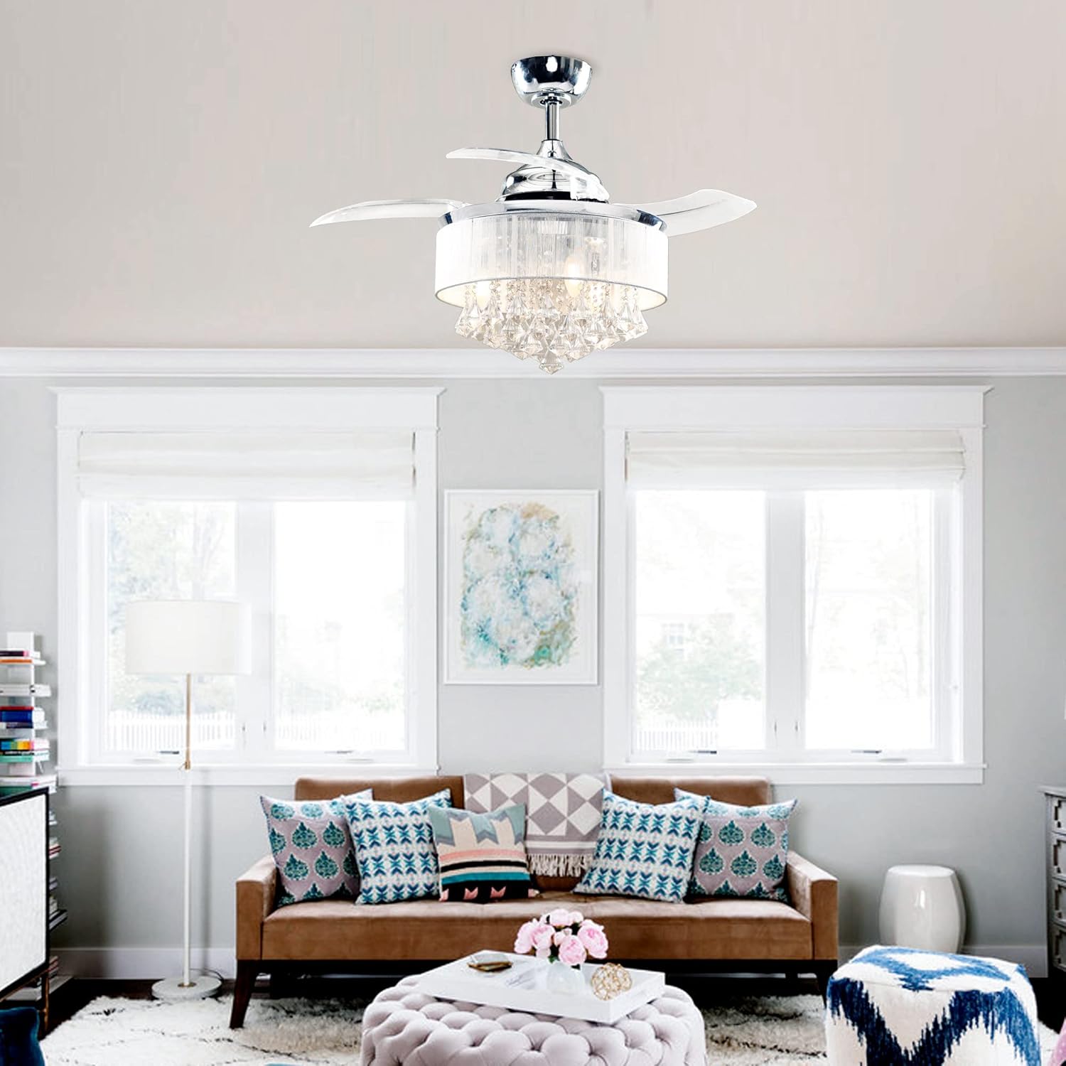 Parrot Uncle Ceiling Fans with Lights and Remote Crystal Chandelier Ceiling Fan with Light for Bedroom 3 Retractable Blades, 36 Inch, Silver - Image 5