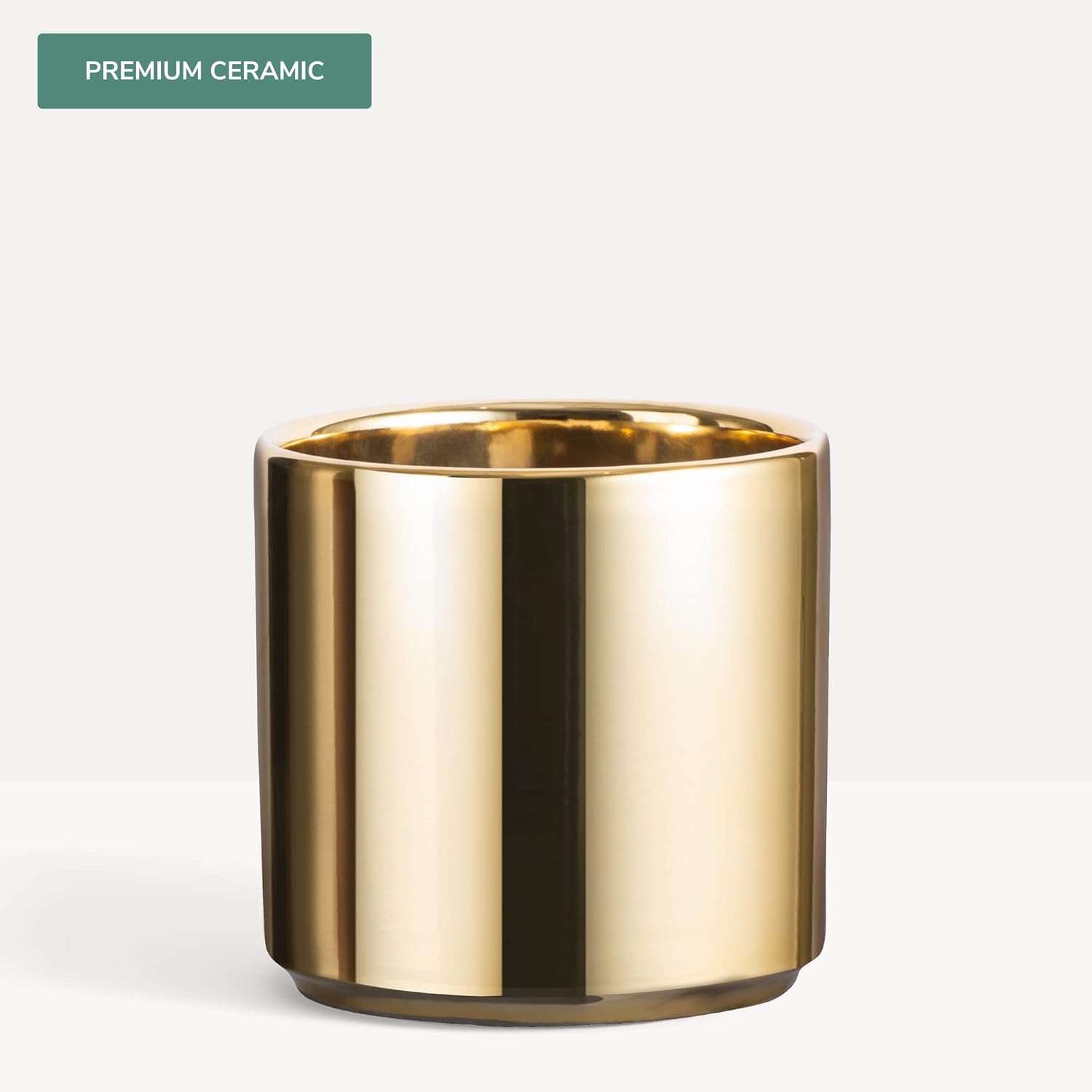 PEACH & PEBBLE 7 Inch (Set of Two) Gold Ceramic Planter. Classic Cylinder Plant Pot for House Plants and Indoor Plants (Drainage + Stopper Included). - Image 3