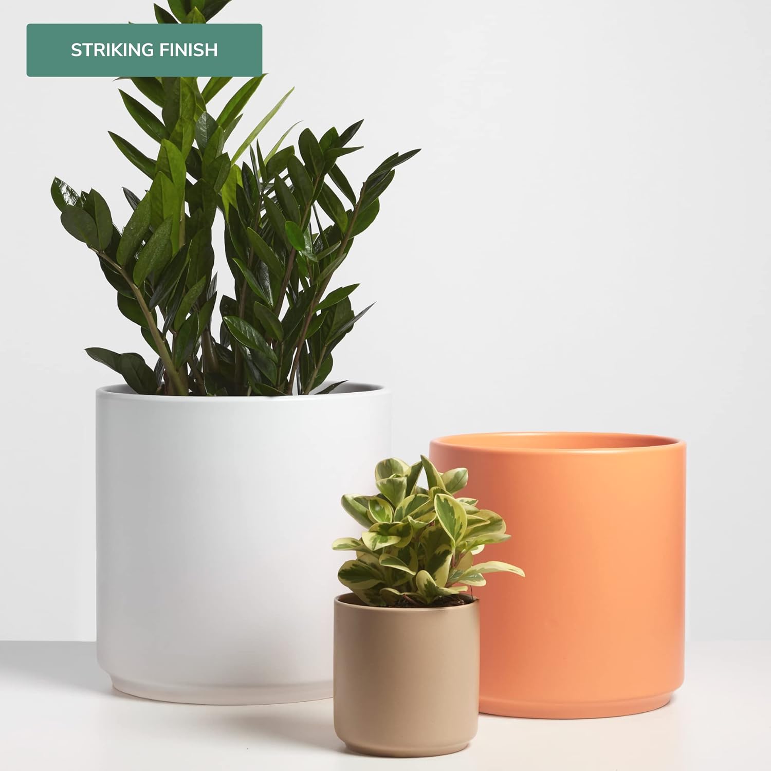 PEACH & PEBBLE 7 Inch (Set of Two) Gold Ceramic Planter. Classic Cylinder Plant Pot for House Plants and Indoor Plants (Drainage + Stopper Included). - Image 2