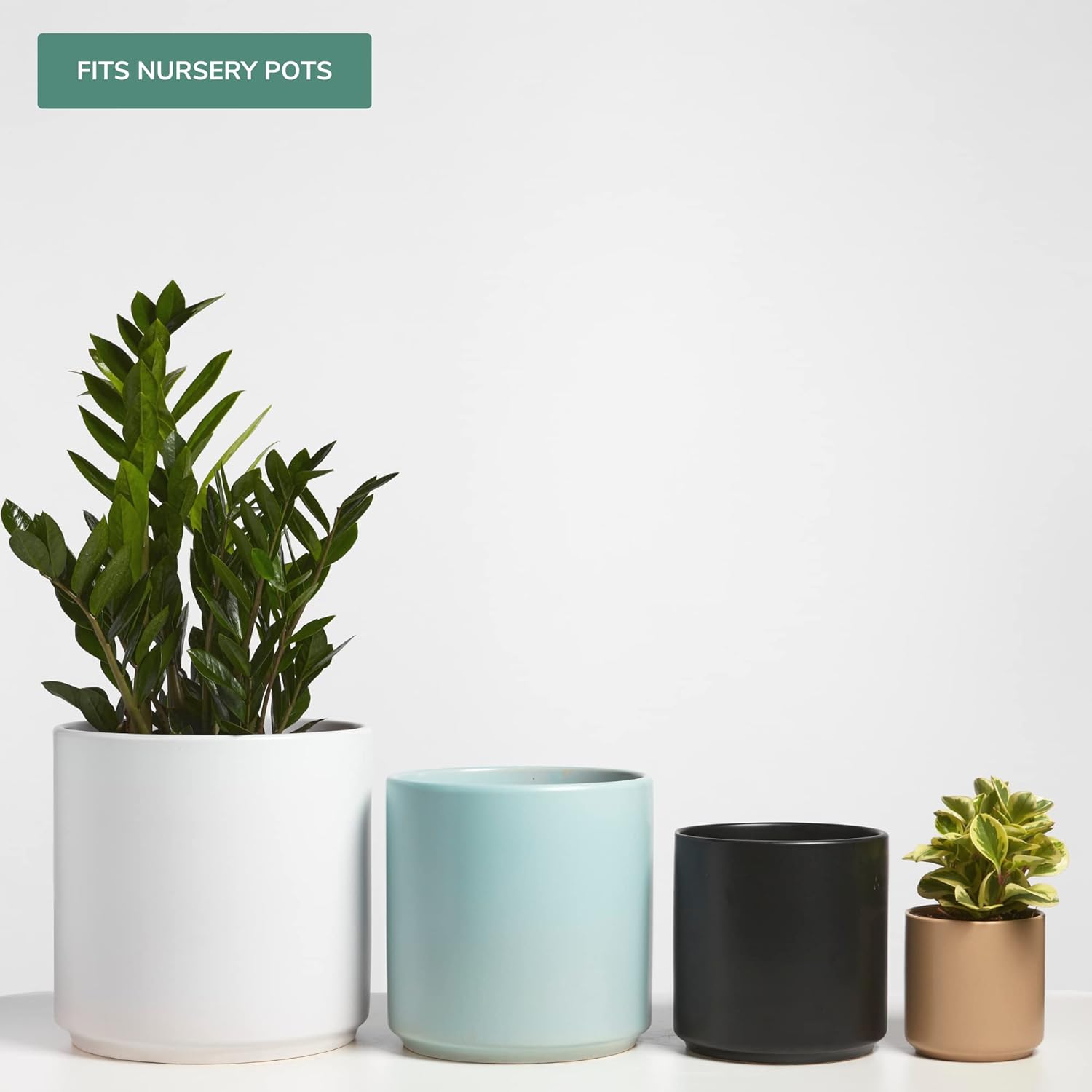 PEACH & PEBBLE 7 Inch (Set of Two) Gold Ceramic Planter. Classic Cylinder Plant Pot for House Plants and Indoor Plants (Drainage + Stopper Included). - Image 4