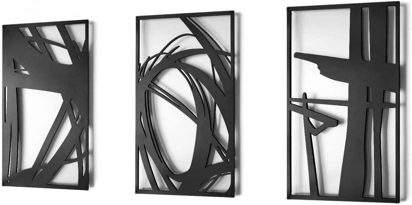 Pinetree Art Black Abstract Metal Wall Art 3D Textured Metal Wall Sculptures Modern Hollow Out Design Metal Wall Decor for Home Living Room Office Dining Ready to Hang (Abstract-Black)