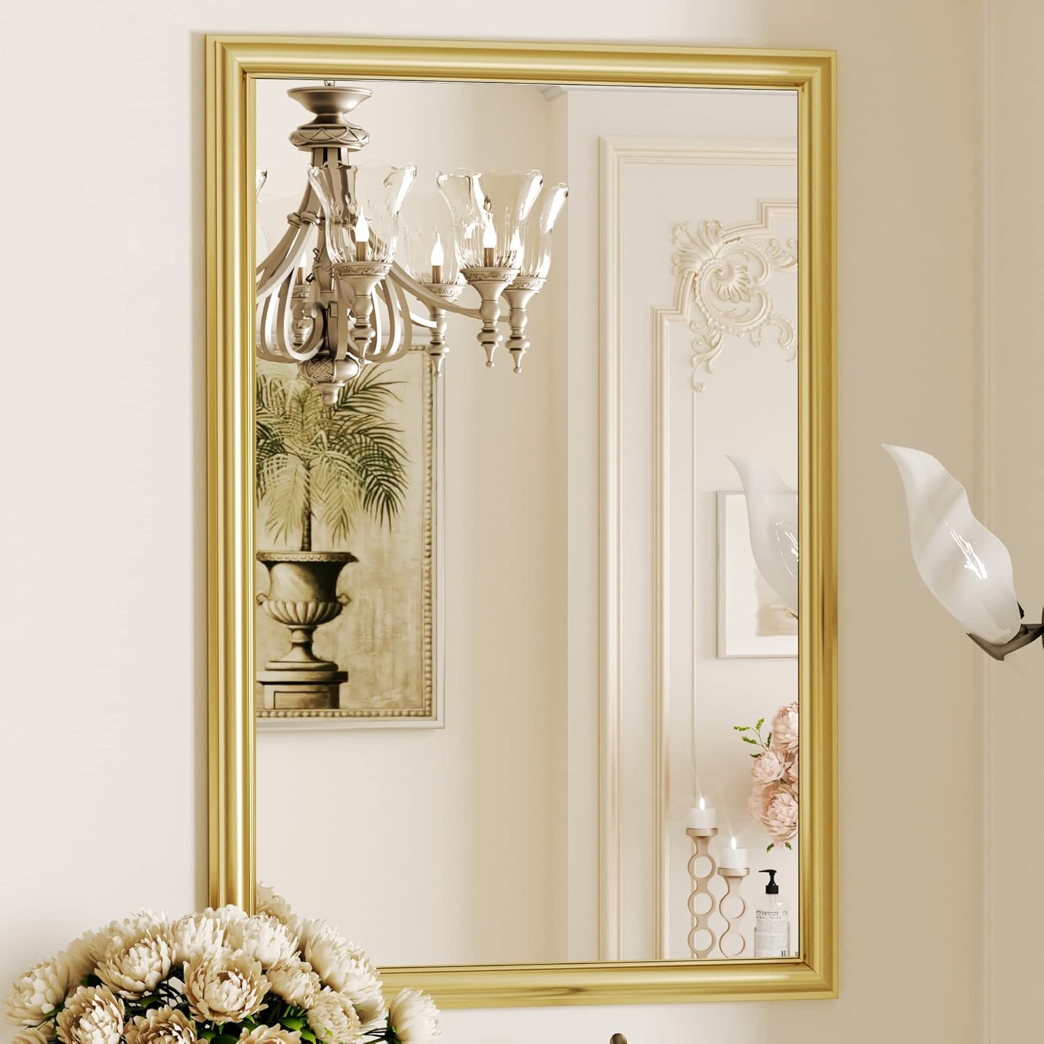 QueenFun 48x30Inch Brushed Brass Gold Bathroom Mirror for Vanity,Anti-Rust Metal Frame Mirror,Aluminum Alloy Vanity Mirror,Rectangle Tempered Glass Classical Home Decor Luxury Large Wall Mirror - Image 10